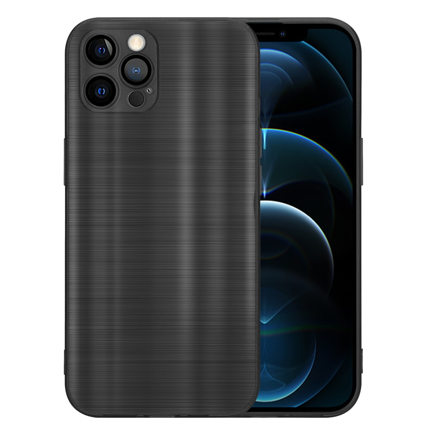 Schwarzes Telefon mit strukturierter Rückseite. Das Telefon ist so positioniert, dass die Rückseite zu sehen ist.