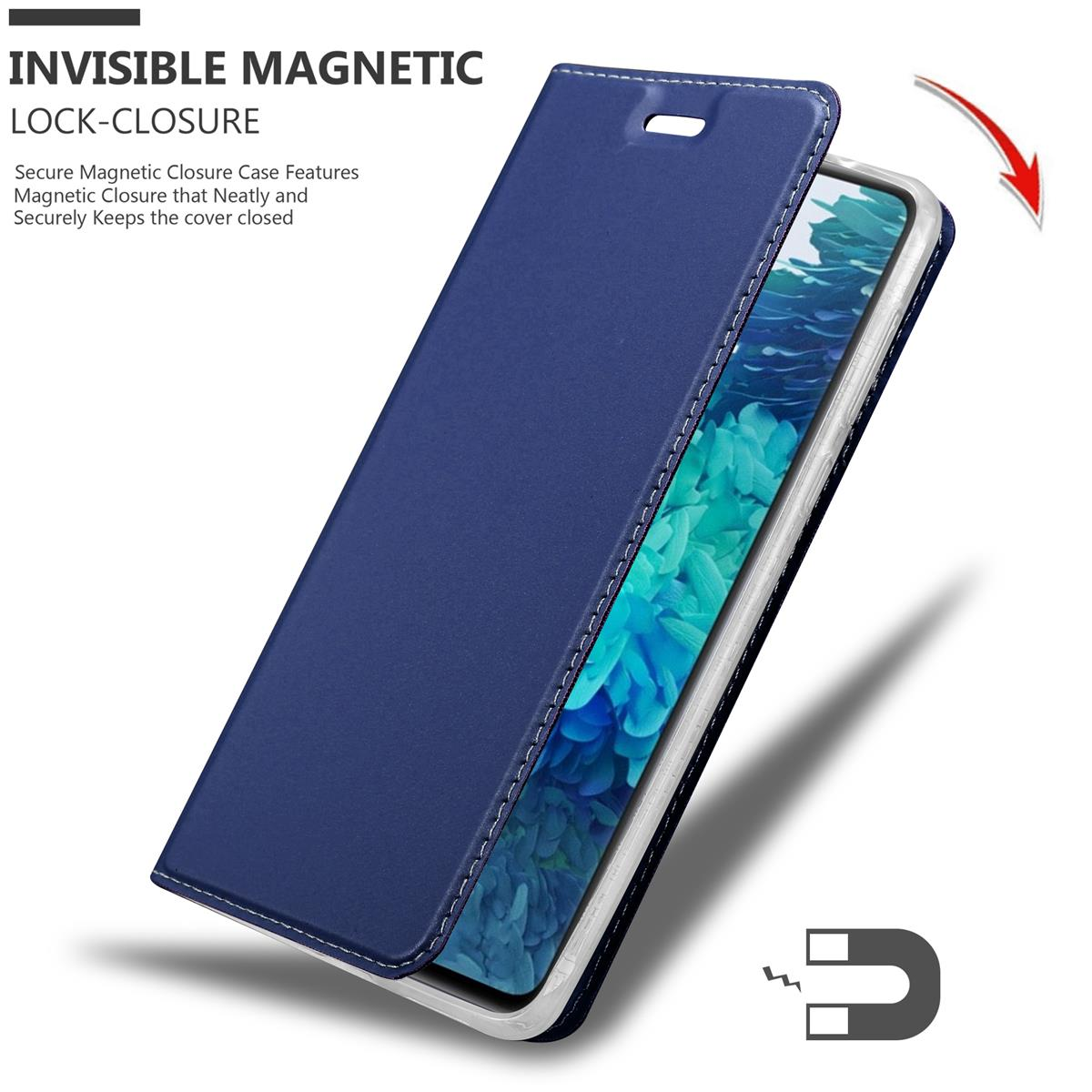 Custodia blu per telefono. La custodia è aperta, esponendo lo schermo del telefono. Lo schermo ha un design.