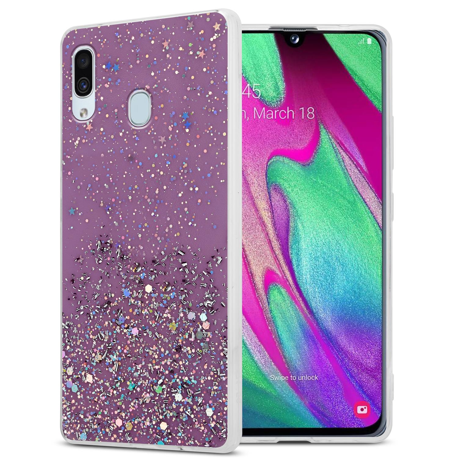 Lila Handyhülle mit Glitzer und ein Handy mit buntem Hintergrund.
