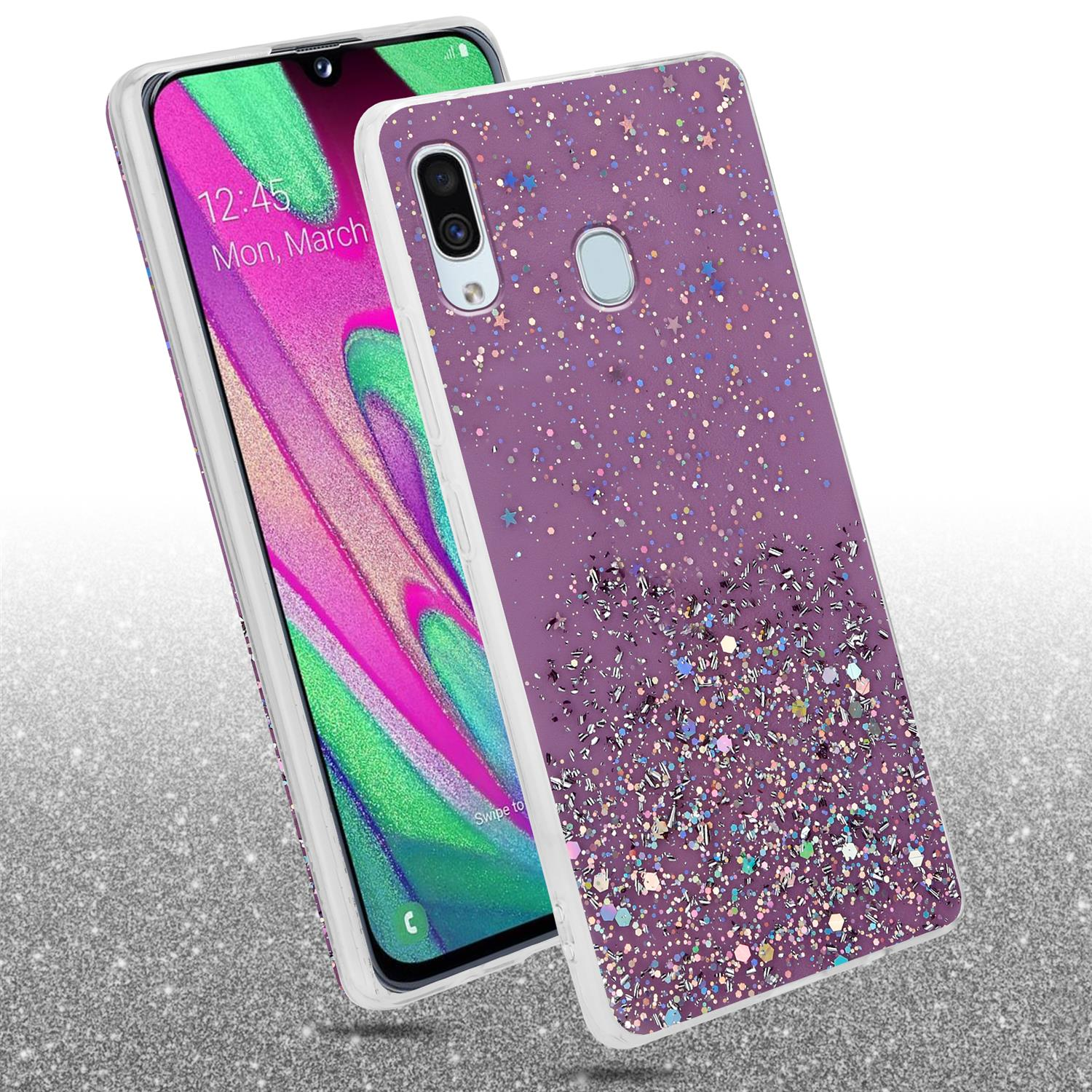 Zwei Handyhüllen auf weißer Oberfläche. Eine hat ein lila Glitzerdesign. Die andere zeigt den Bildschirm.
