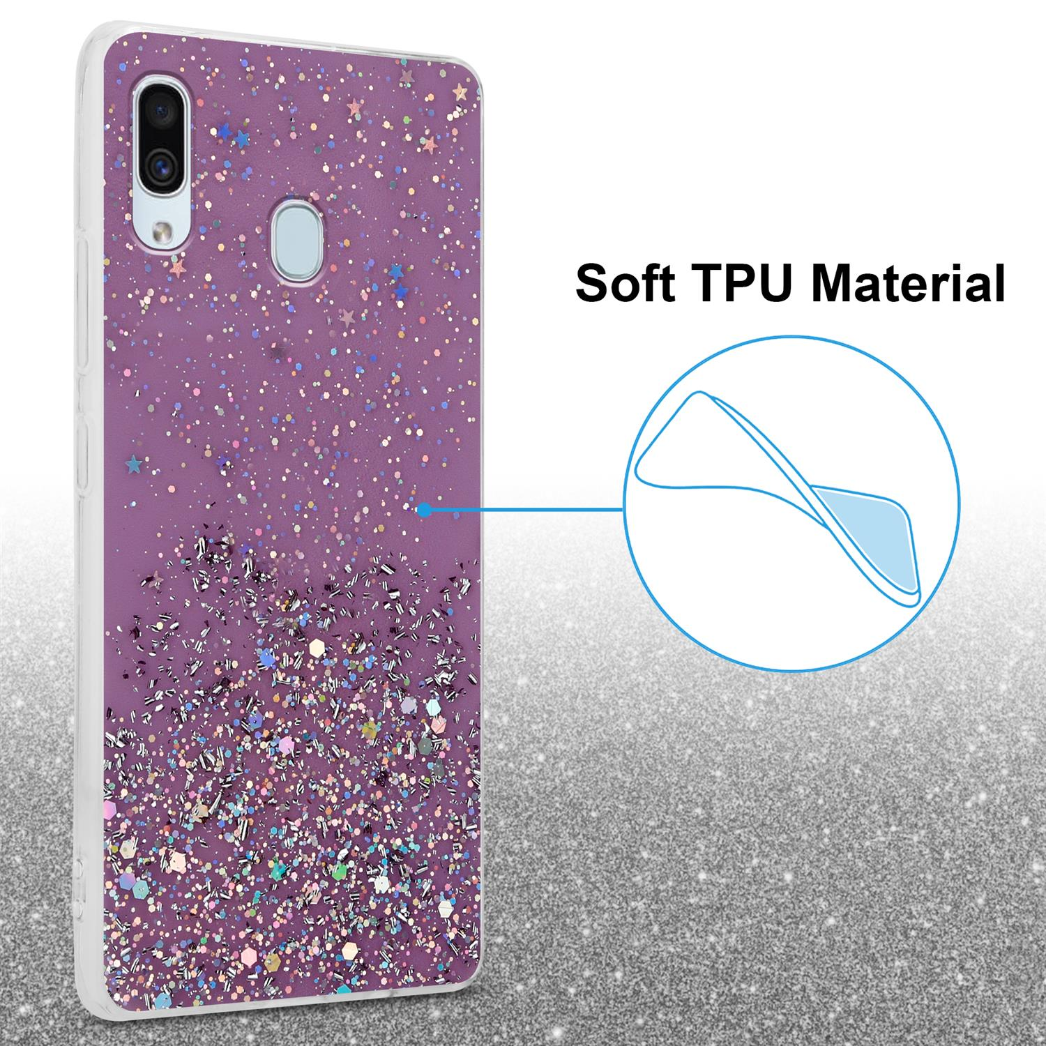 Eine lila Handyhülle mit Glitzer. Text: Weiches TPU-Material. Ein Kreis hebt die Hülle hervor.