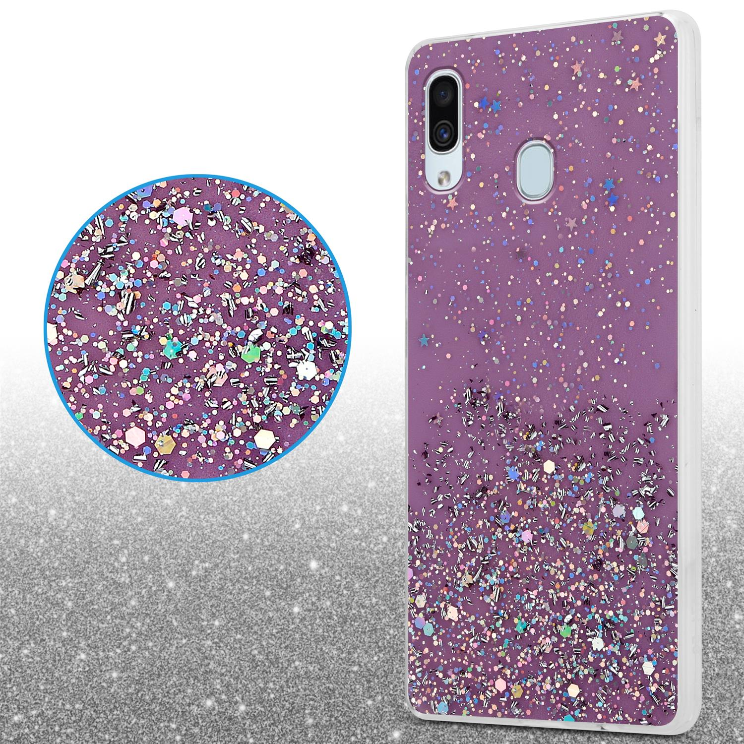 Lila Handyhülle mit Glitzereffekt. Kreisförmige Nahaufnahme von Glitzer. Weißer Rand.