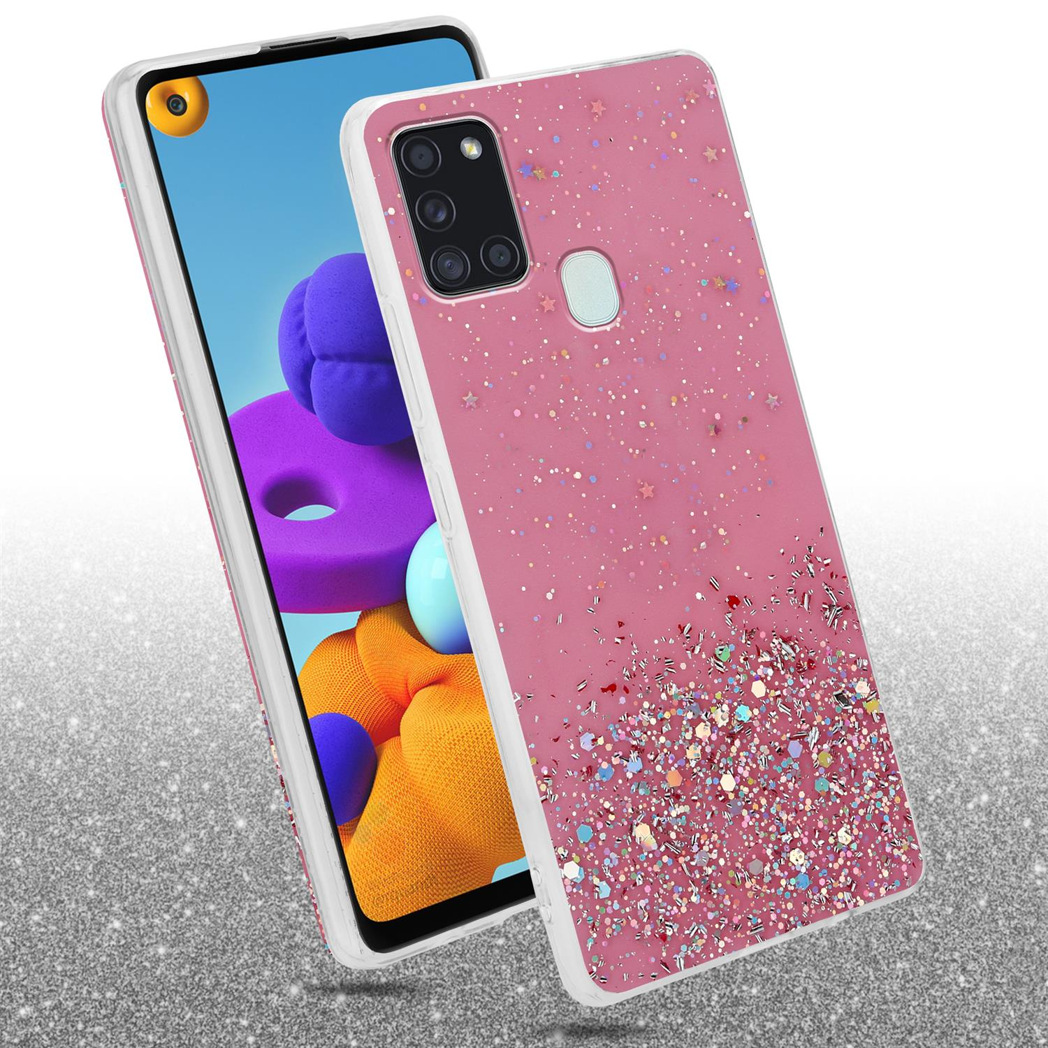 Custodia per telefono rosa con glitter. Il telefono mostra uno schermo colorato.