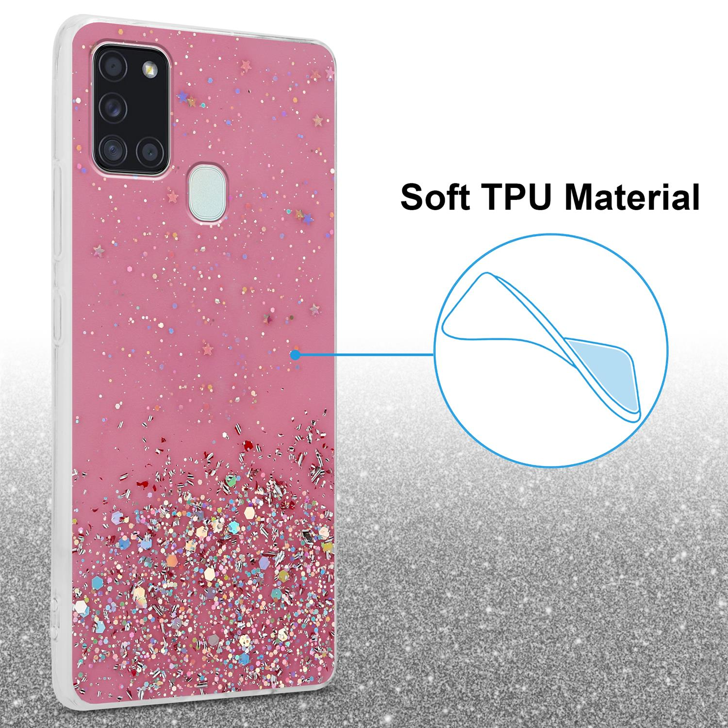 Custodia rosa glitterata con testo: 'Soft TPU Material' e sfondo lucido.