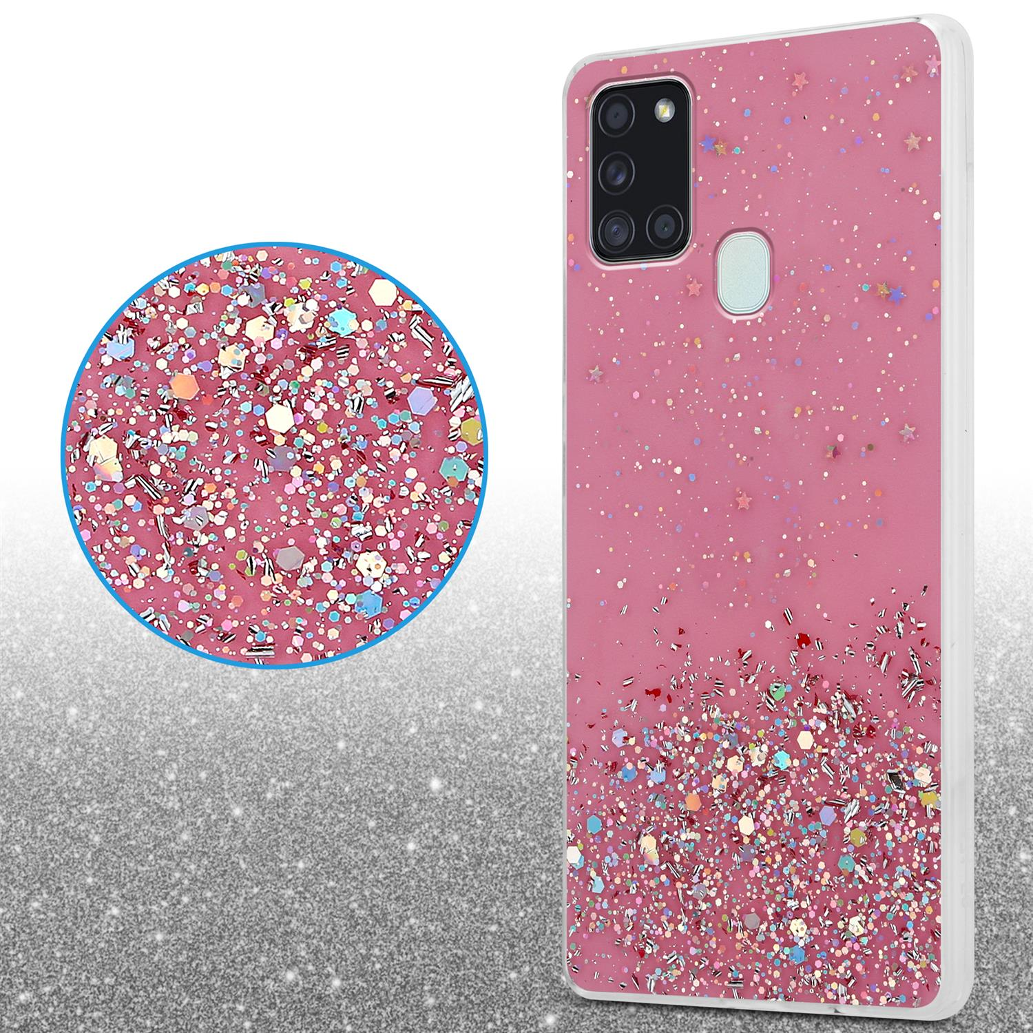 Custodia rosa con glitter. Dettaglio glitter in un cerchio. Bordo bianco. Sfondo rosa.