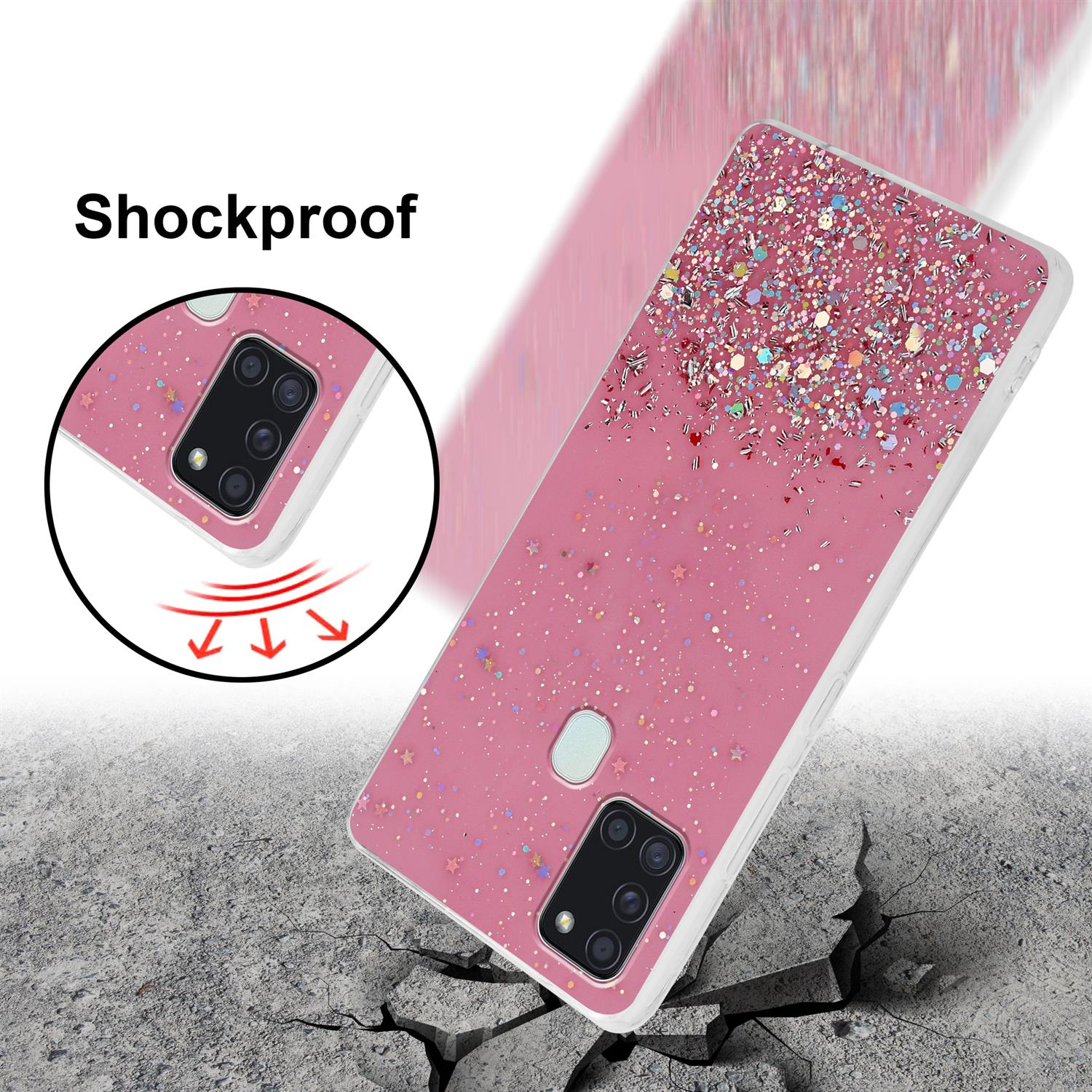 Custodia rosa glitterata per telefono. La custodia è mostrata su una superficie incrinata, con una freccia che la indica.