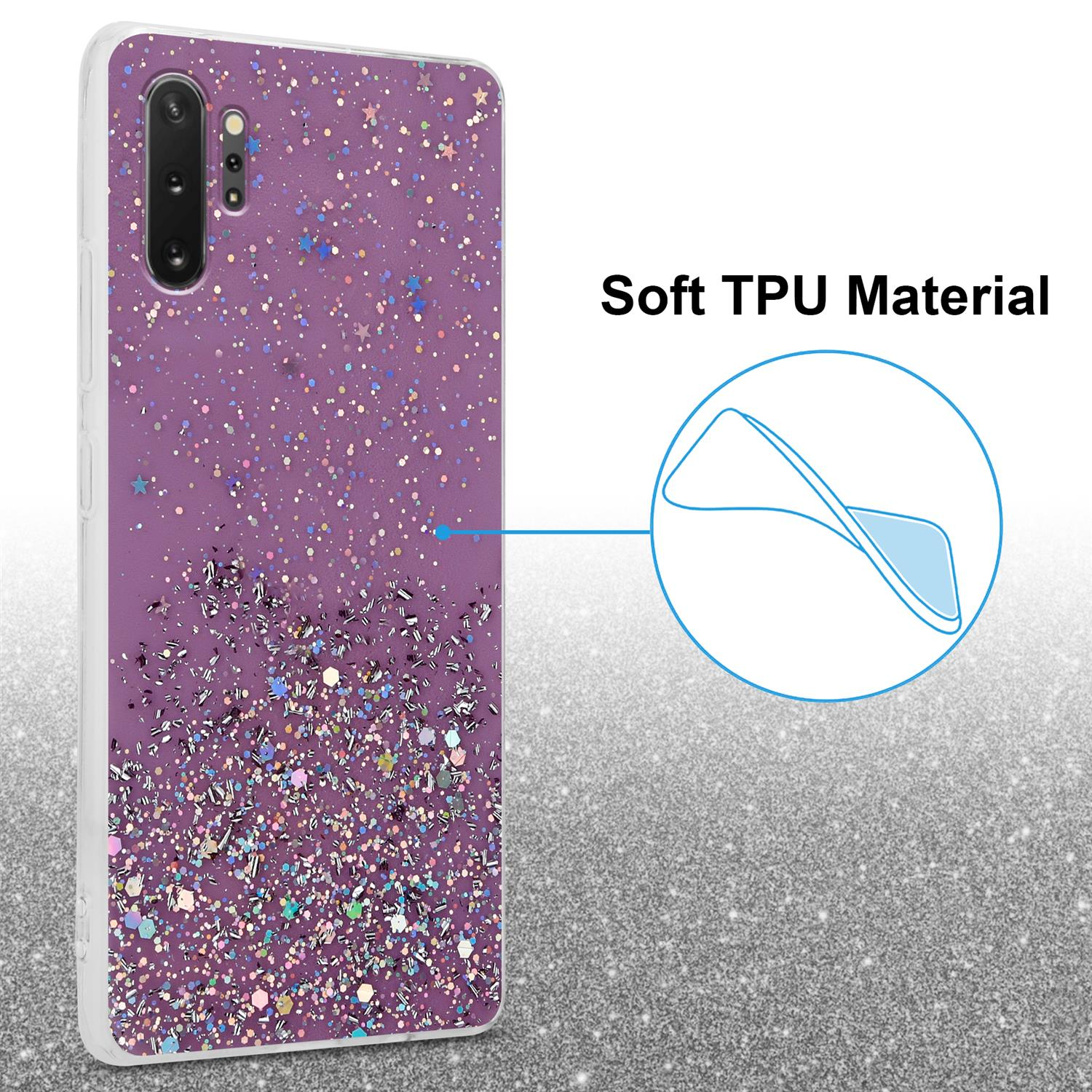Eine Handyhülle mit lila Glitzerdesign und den Worten „Soft TPU Material“ mit einem Diagramm.