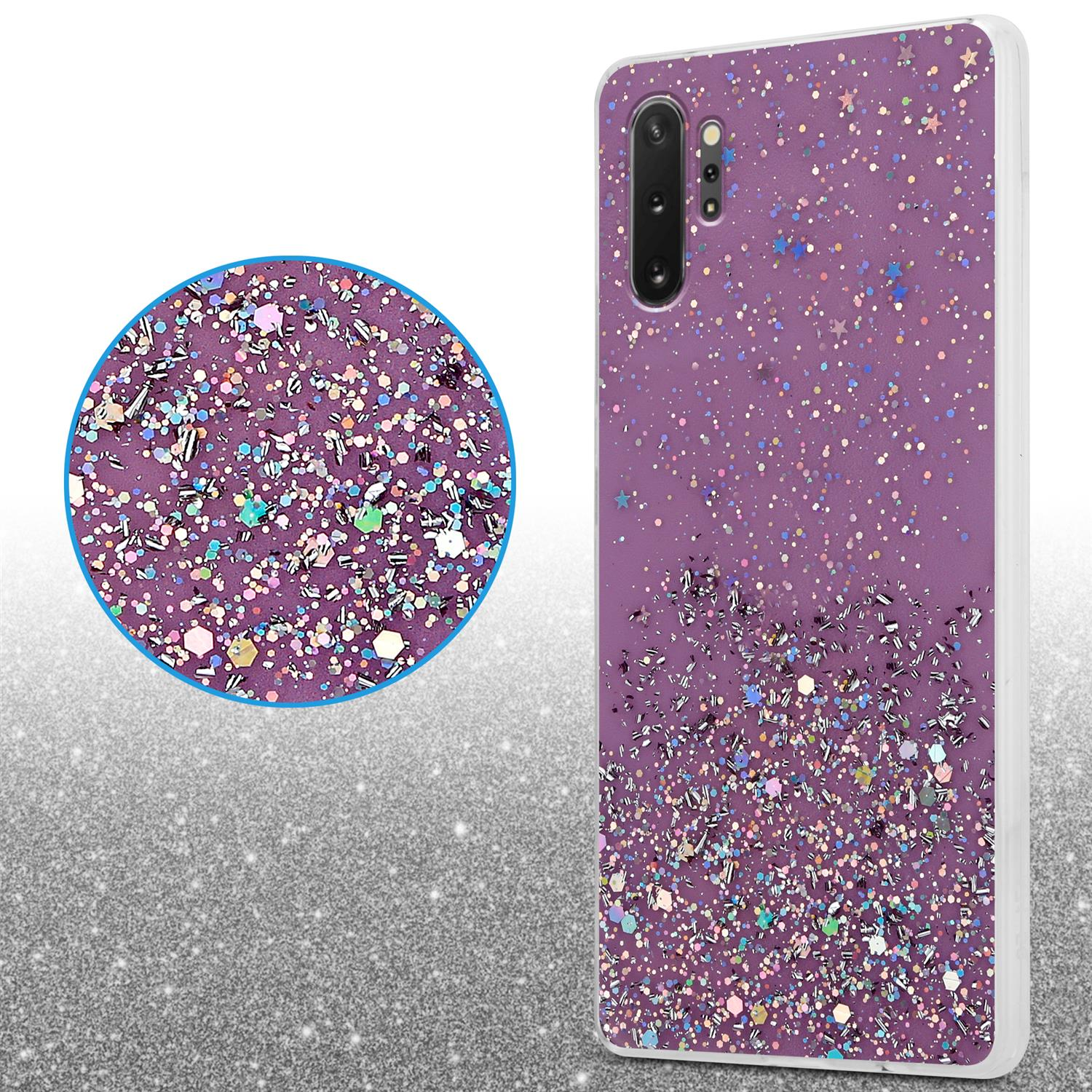 Lila Handyhülle mit Glitzereffekt, umgeben von glitzerndem Hintergrund. Ein Kreis und Telefon werden gezeigt.