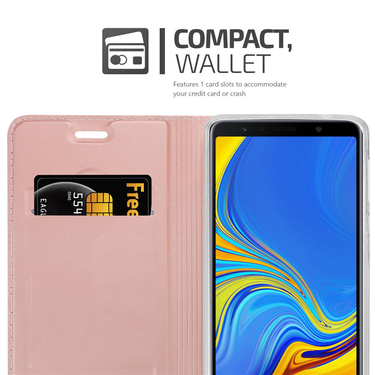 Custodia rosa per telefono con carta di credito. Testo: Portafoglio compatto. 1 slot.