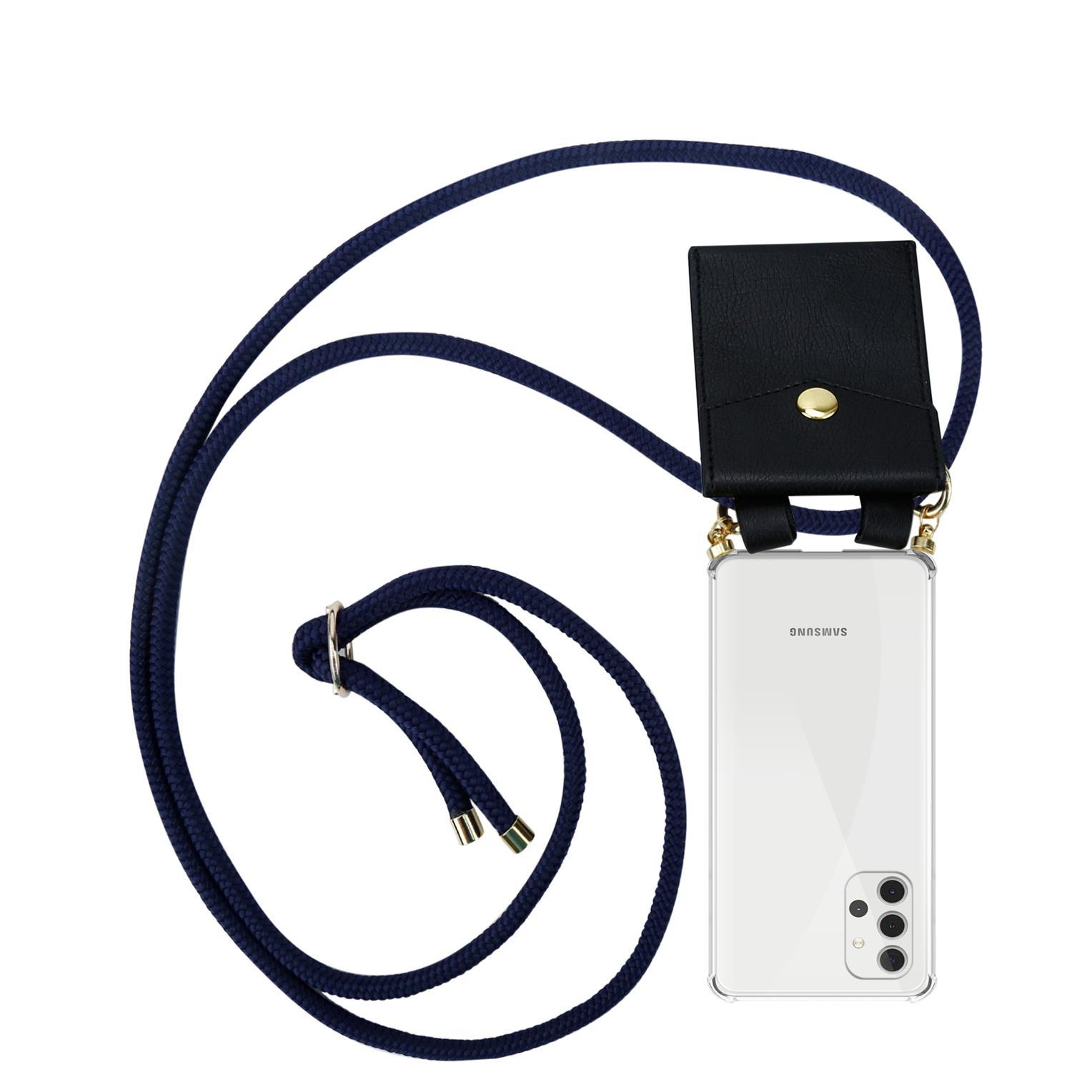 CADORABO Handy Kette mit Gold BLAU TIEF Galaxy Hülle, abnehmbarer und Ringen, 4G, A32 Samsung, Backcover, Kordel Band