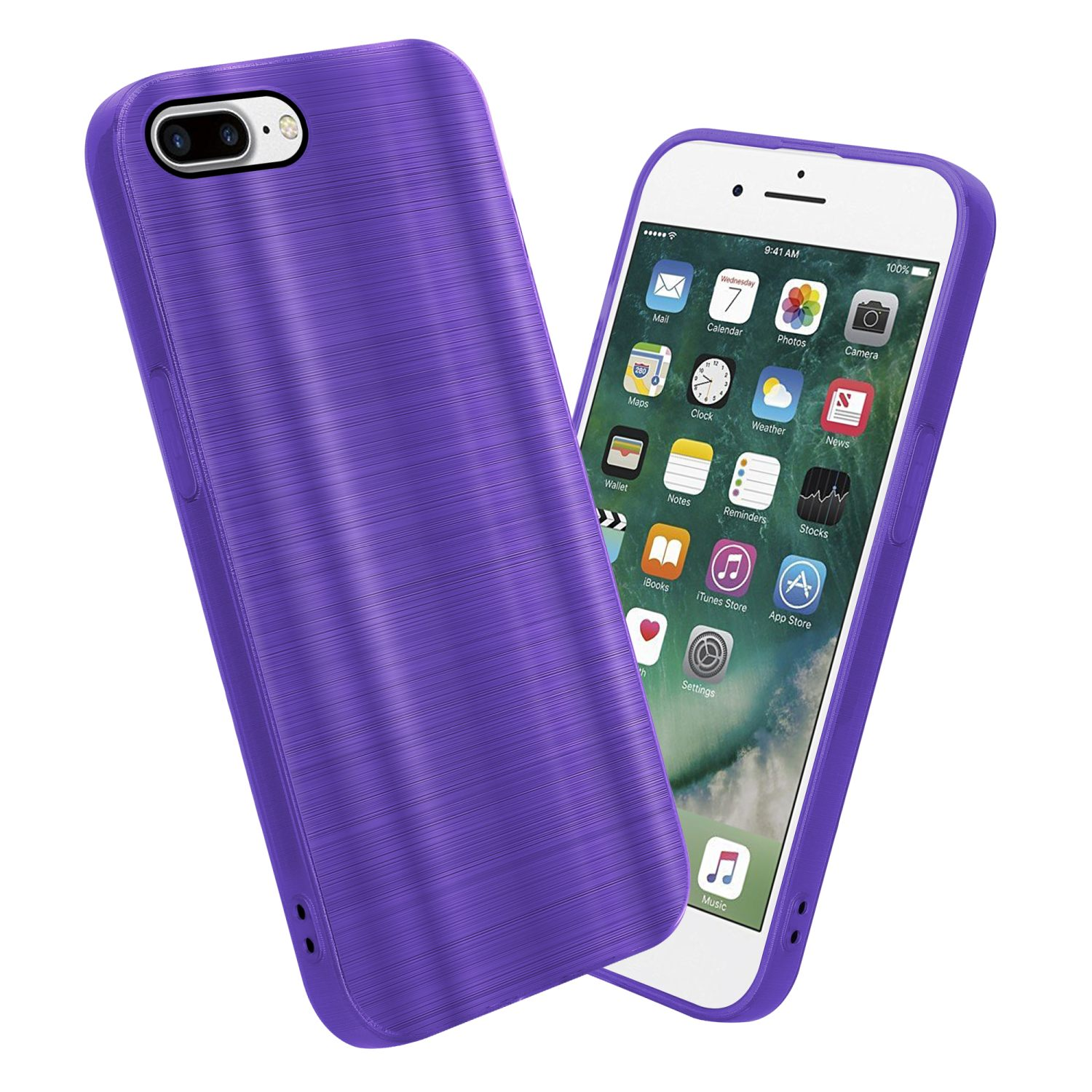 Lila Handyhülle mit strukturiertem Design. Ein iPhone mit eingeschaltetem Bildschirm ist sichtbar.