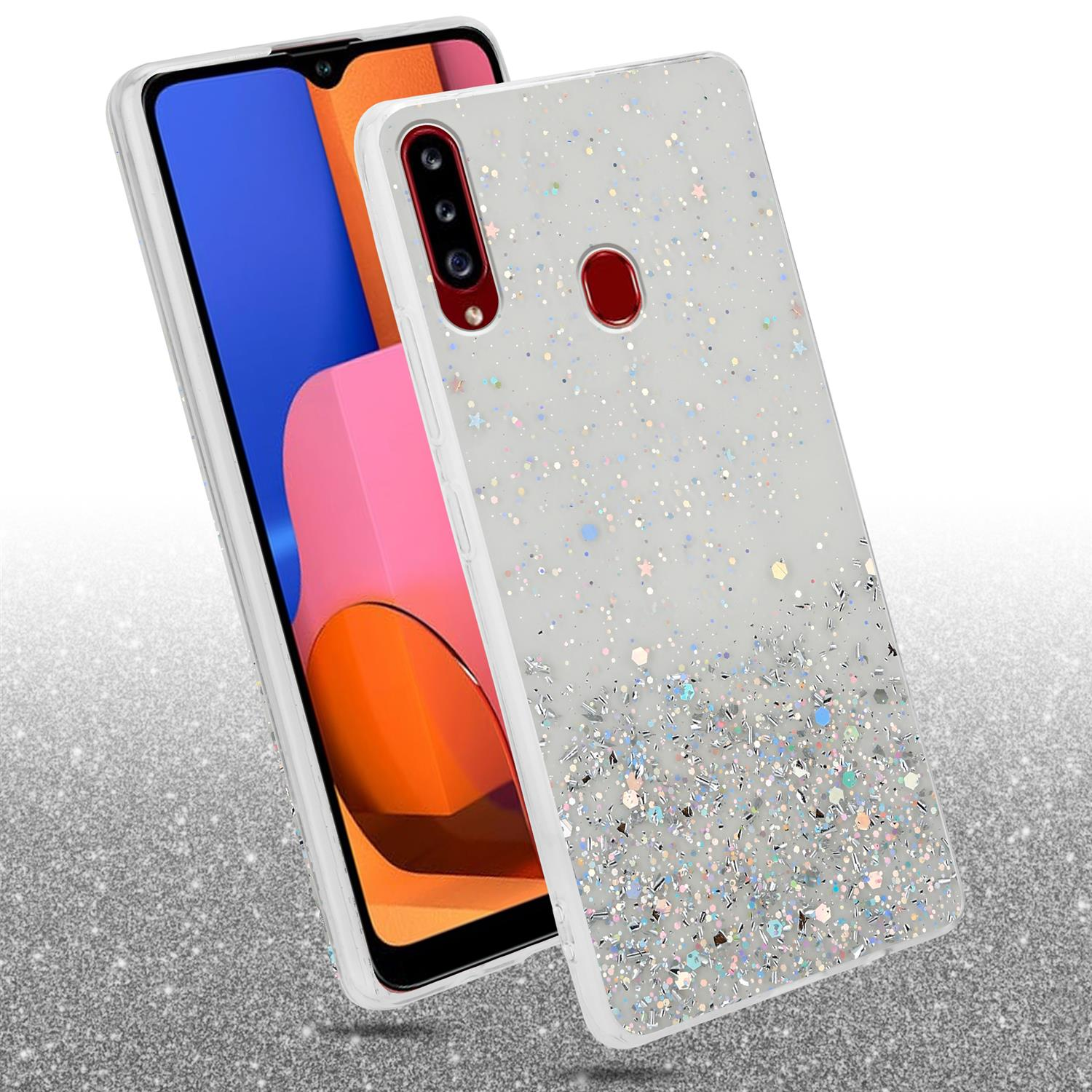 Eine weiße Handyhülle mit Glitzer über einem Telefonbildschirm, der eine blaue und rosa Anzeige zeigt.