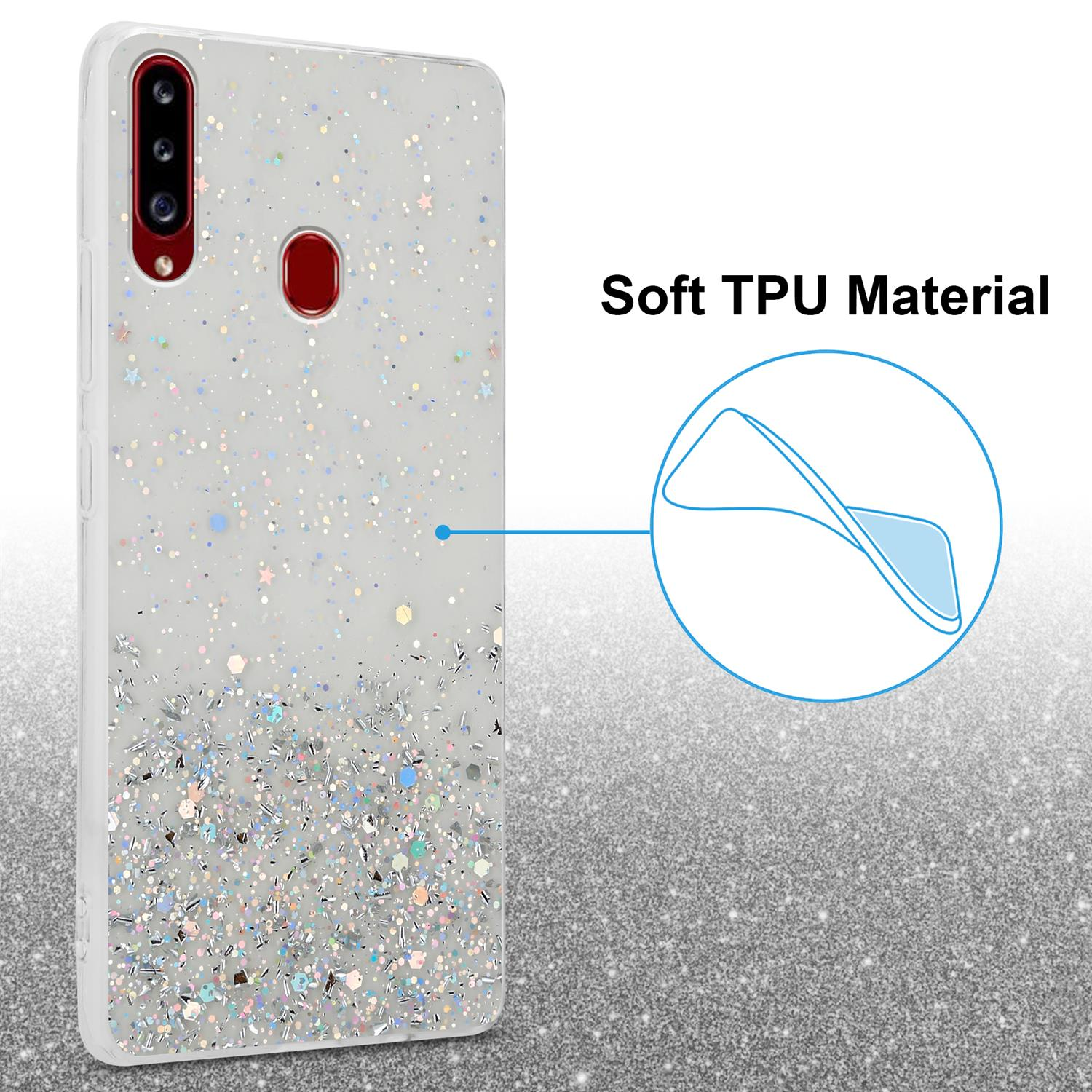 Weißes Handyhülle mit Glitzer. Das Telefon ist im Gehäuse.