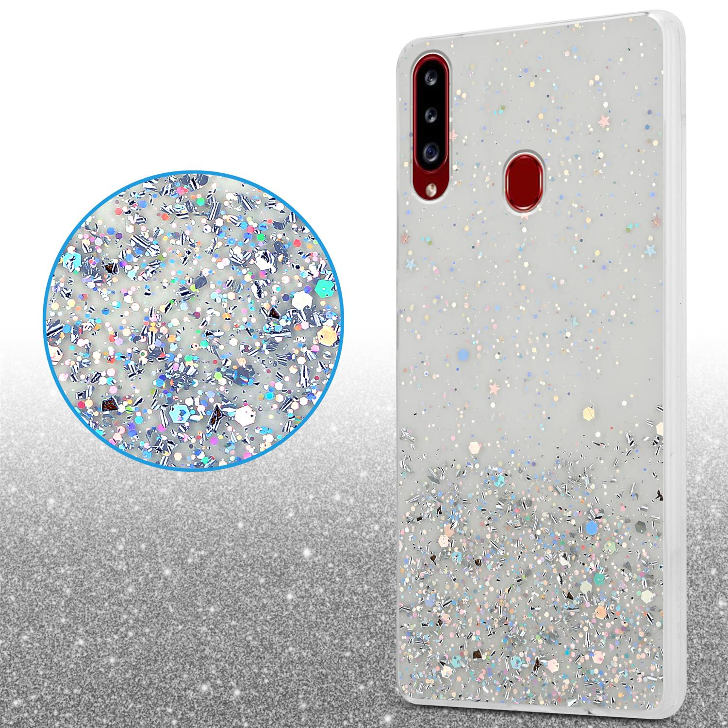 Glitzernde Handyhülle mit Funkel-Effekt und Nahaufnahme des Glitzer-Designs.