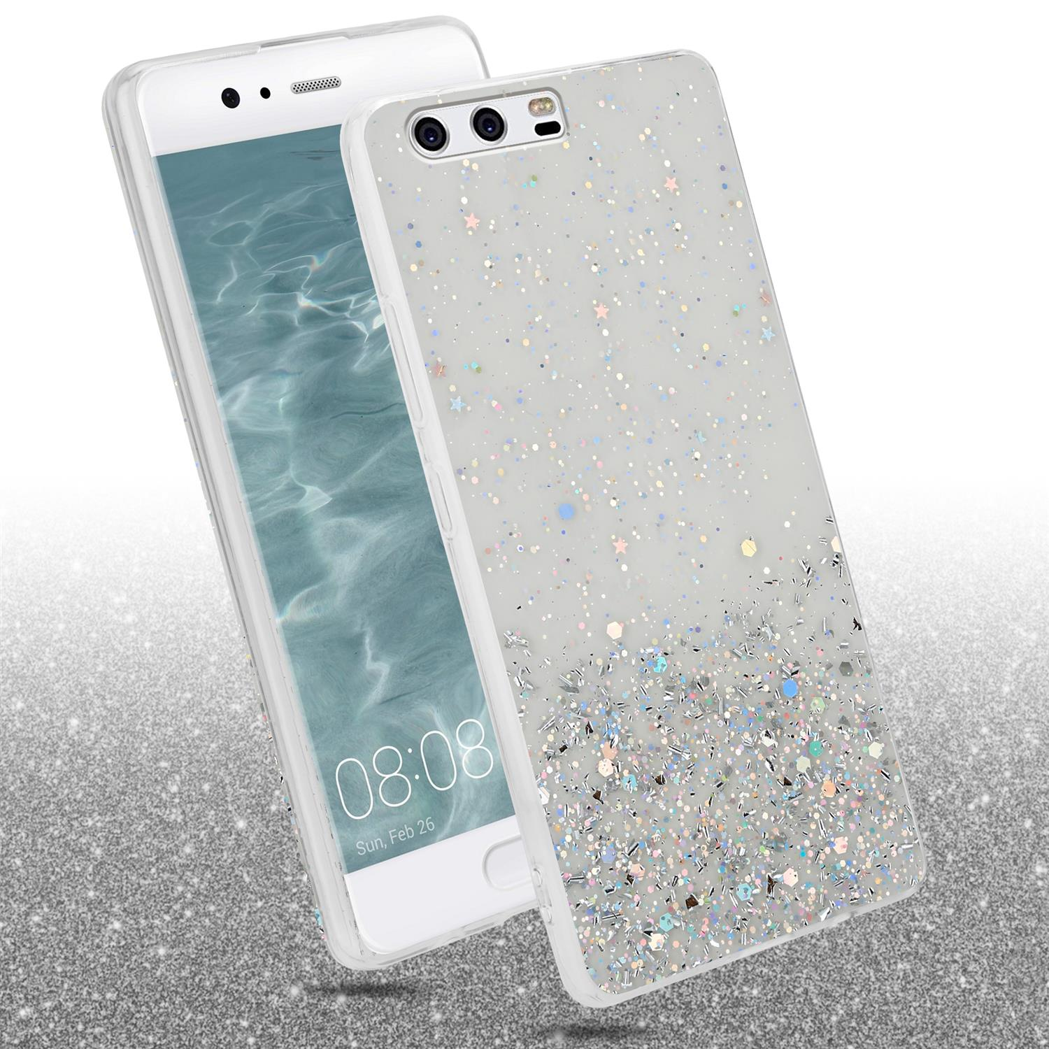 Telefon und Hülle mit Glitzer. Die Hülle hat Glitzersterne und Formen.