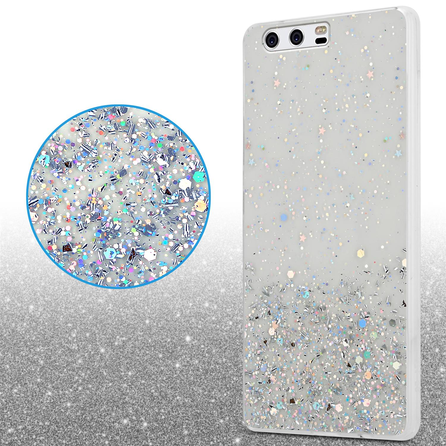 Eine Handyhülle mit weißem Glitzerdesign. Ein kreisförmiges Diagramm hebt die Glitzerdetails hervor.