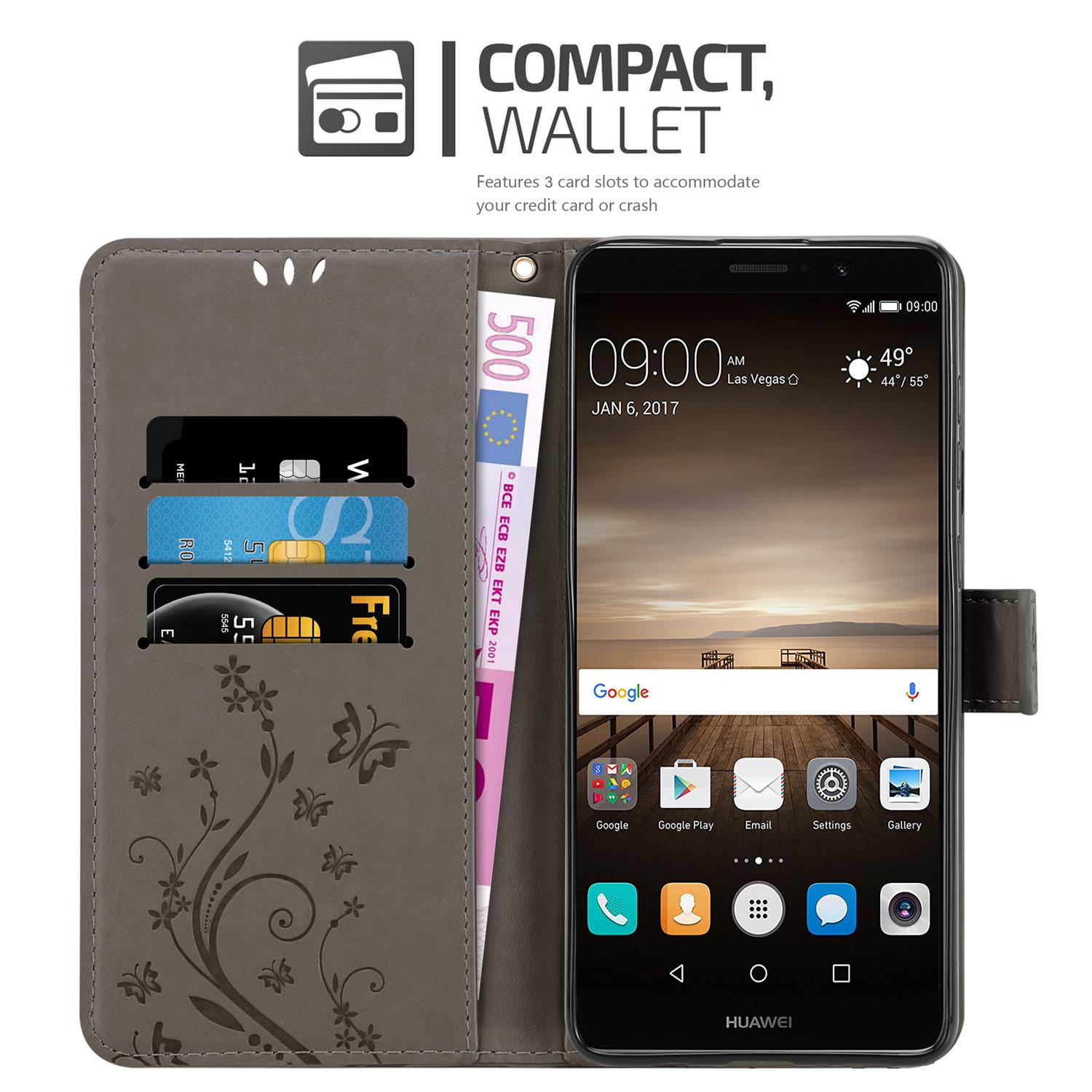Graue Handyhülle mit Karten und Geld. Telefon zeigt Zeit, Datum und App-Symbole. Es ist kompakt und eine Brieftasche.