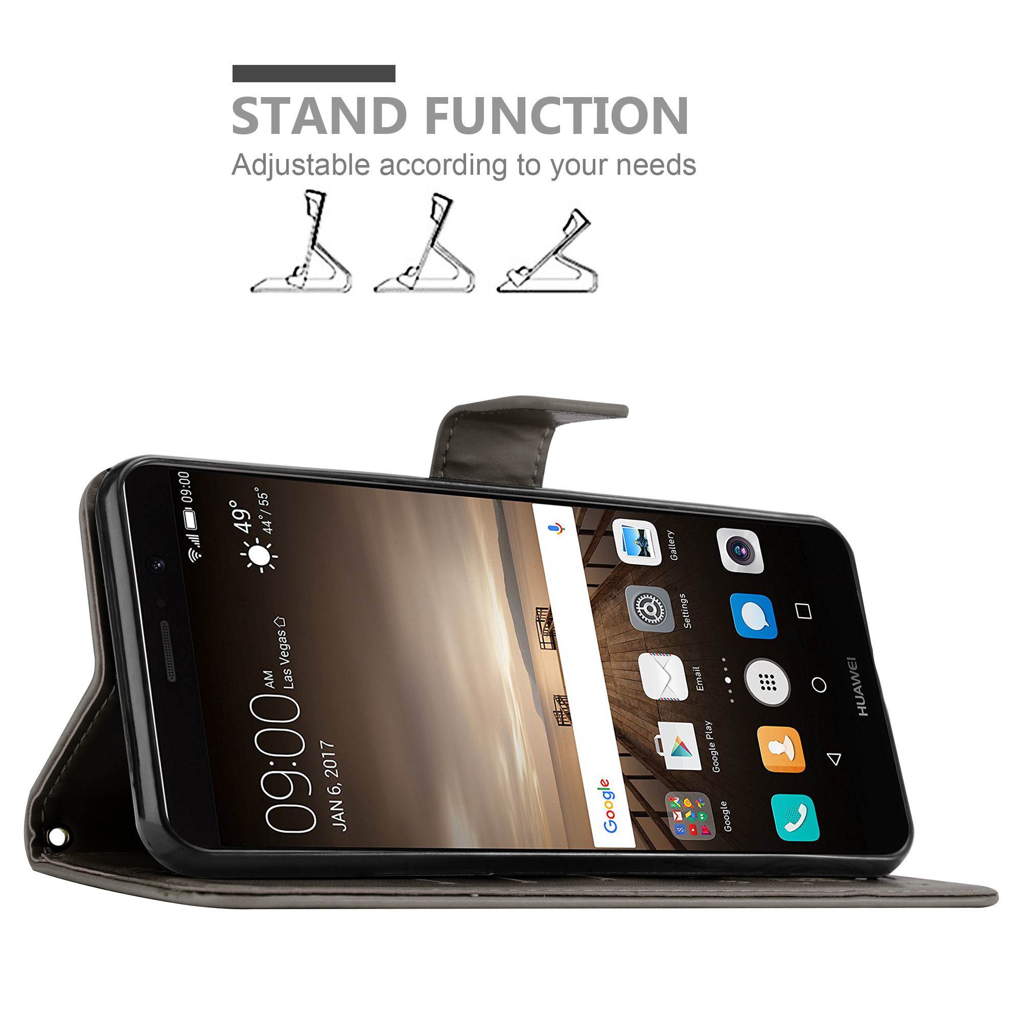 Schwarze Handyhülle mit Telefon. Standfunktion mit drei Beispieldiagrammen oben.