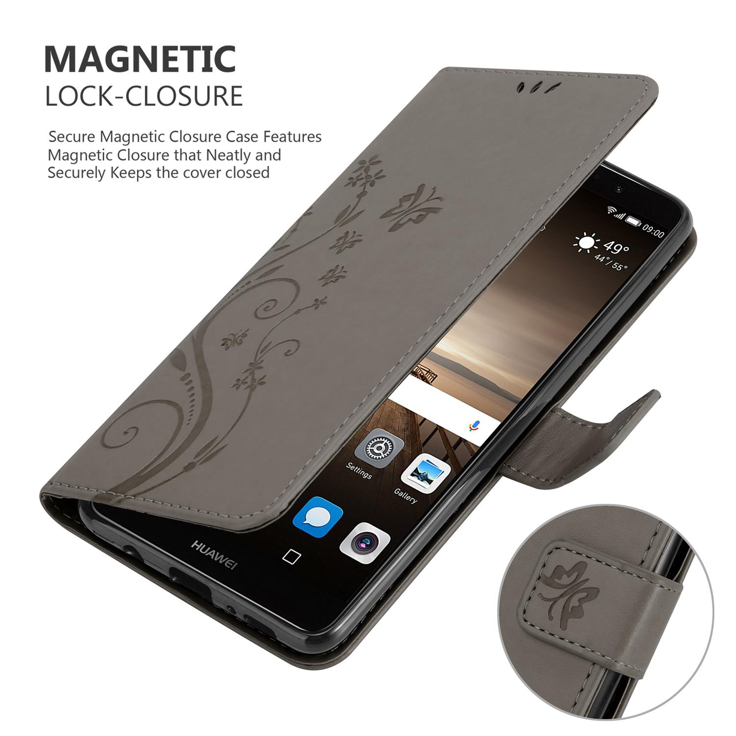 Geöffnete graue Handyhülle mit Telefon. Der Text MAGNETIC LOCK-CLOSURE ist sichtbar. Eine Uhr ist zu sehen.
