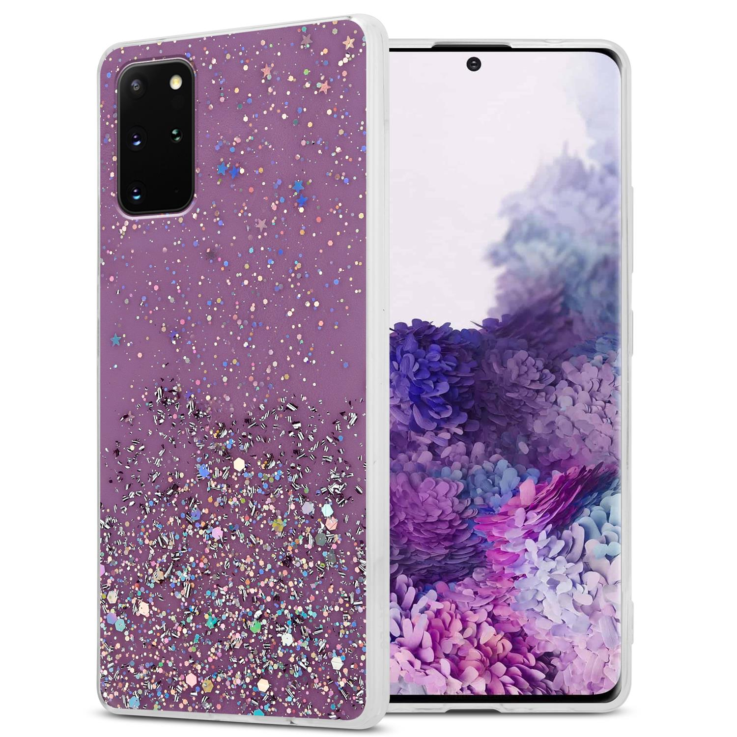 Lila Handyhülle mit Glitzer. Telefon in der Hülle, andere Seite der Hülle sichtbar.