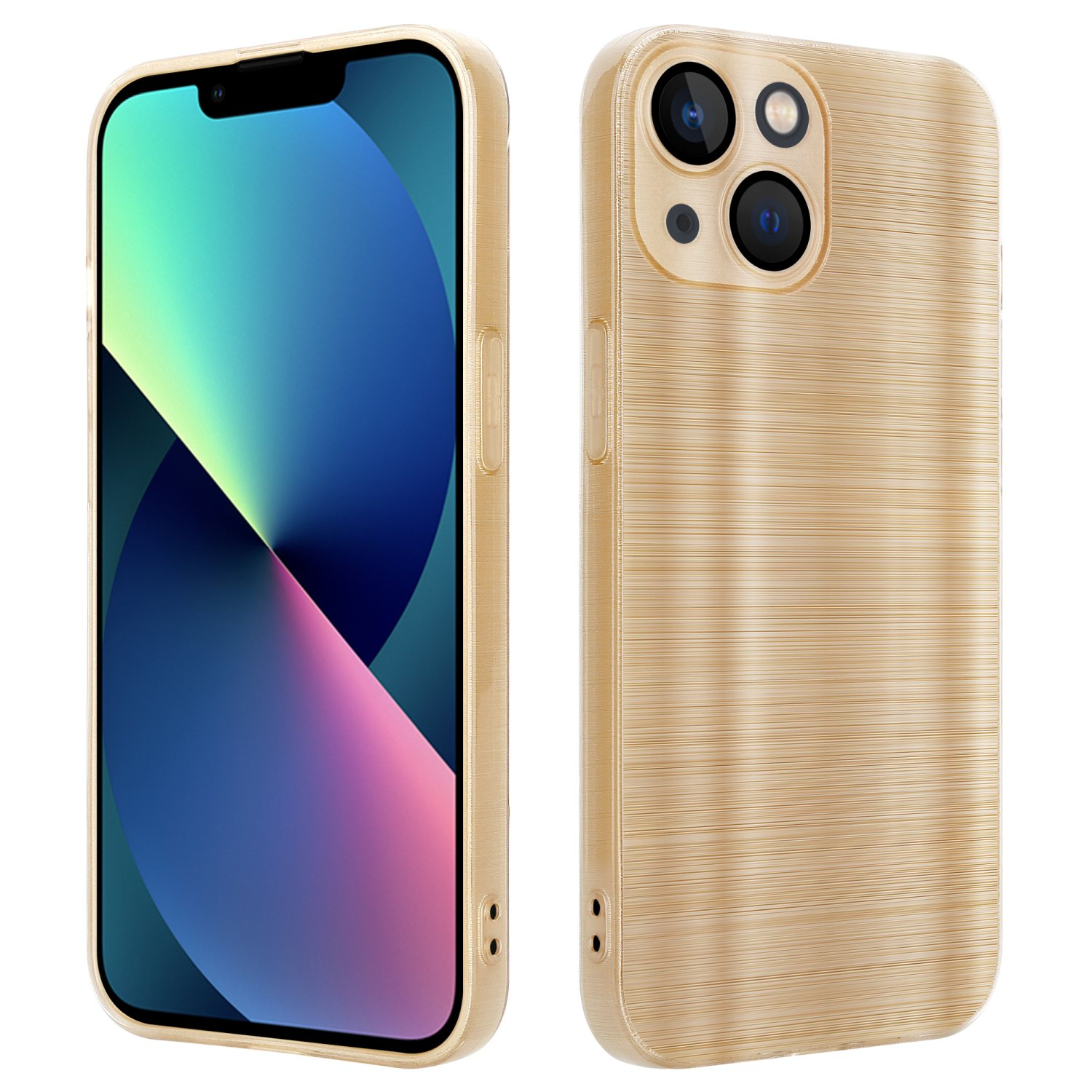 Goldene Handyhülle mit Telefon. Der Bildschirm zeigt ein farbenfrohes verschwommenes Bild.