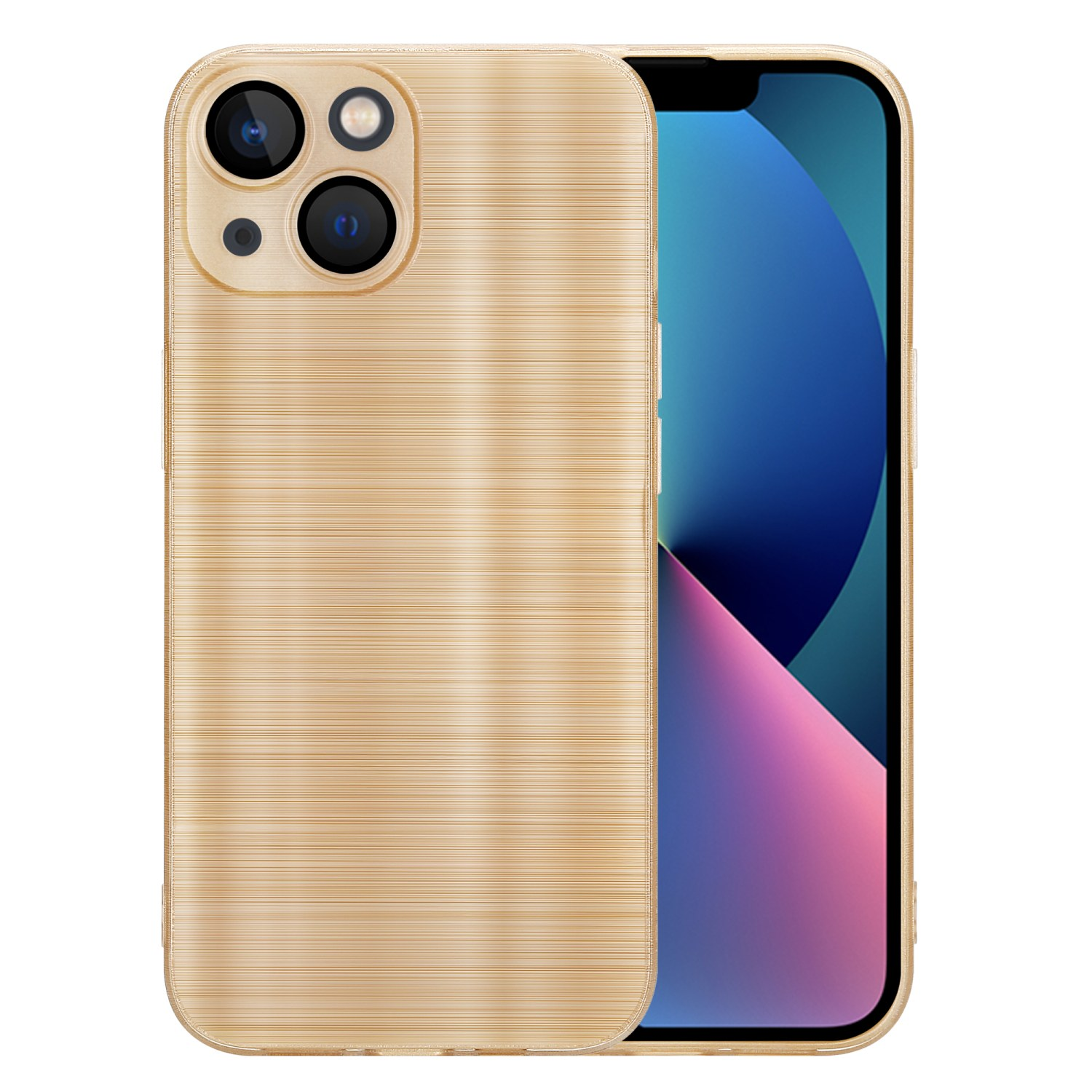 Eine goldfarbene Handyhülle. Das Telefon ist schwarz und hat drei Kameras.