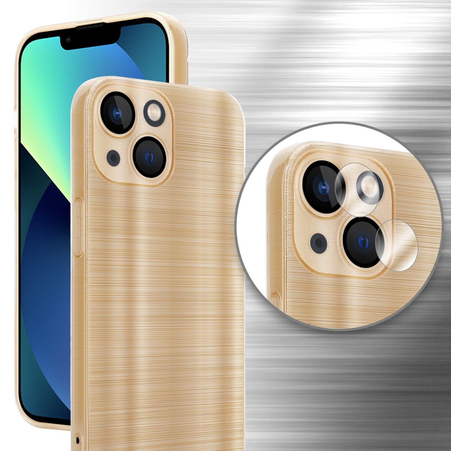 Zwei goldene Handyhüllen, eine mit Telefon und eine Nahaufnahme der Kameralinsen.