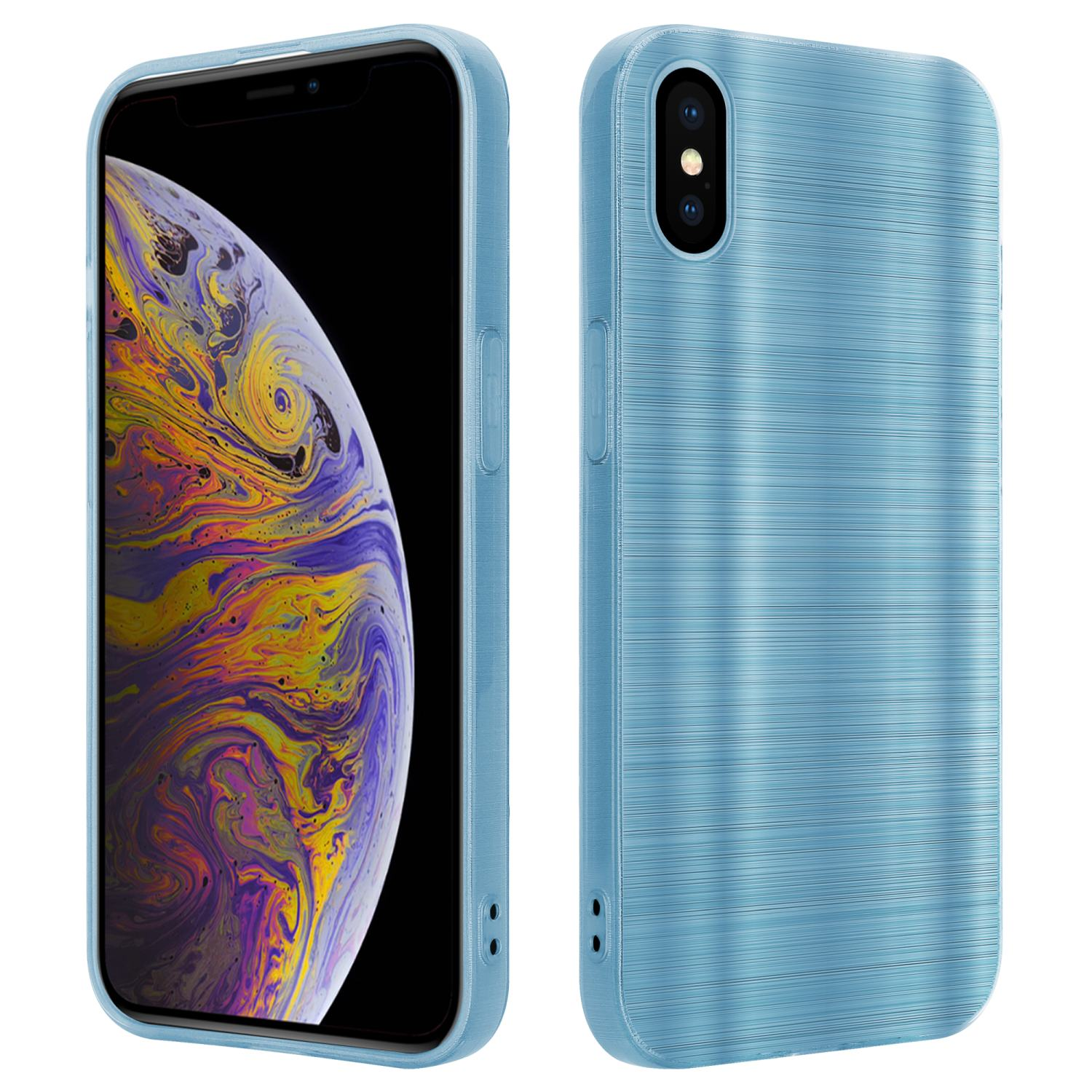 Blaue Handyhülle mit Telefon, Vorder- und Rückansicht.