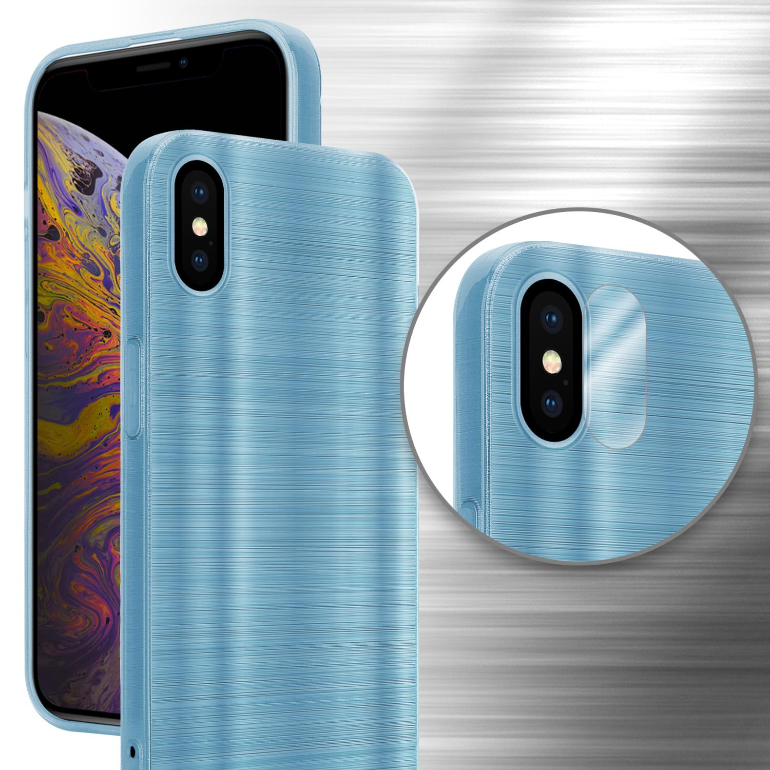 Blaue Handyhülle. Ein Telefon ist daneben. Ein Kreis der Handykamera ist vorhanden.