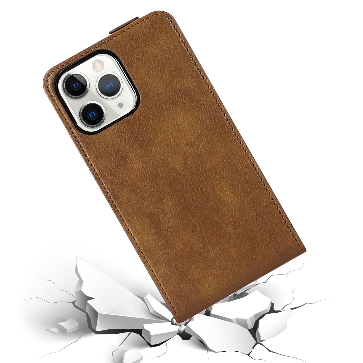 Braune Leder-Handyhülle mit Telefon. Die Hülle fällt und bricht die Oberfläche darunter.