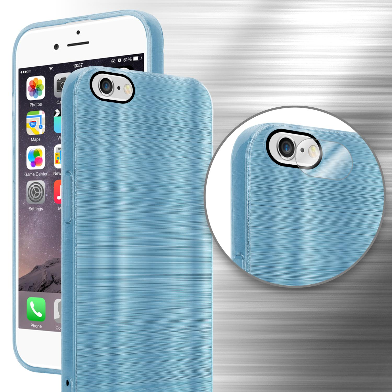 Ein Telefon mit hellblauer Hülle neben einem iPhone. Nahaufnahme zeigt Kamera und Gehäusedetails.