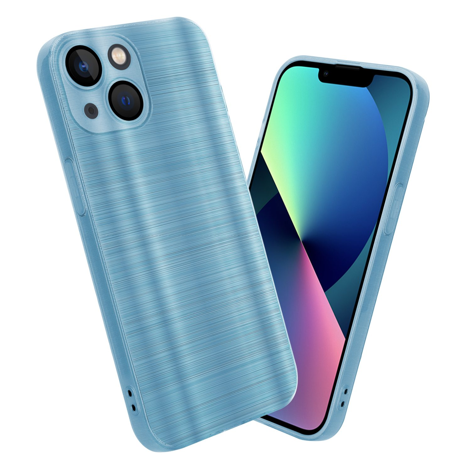Blaue Handyhülle und Telefon mit mehreren Kameras. Telefon ist rechts. Hülle ist links. Weißer Hintergrund.