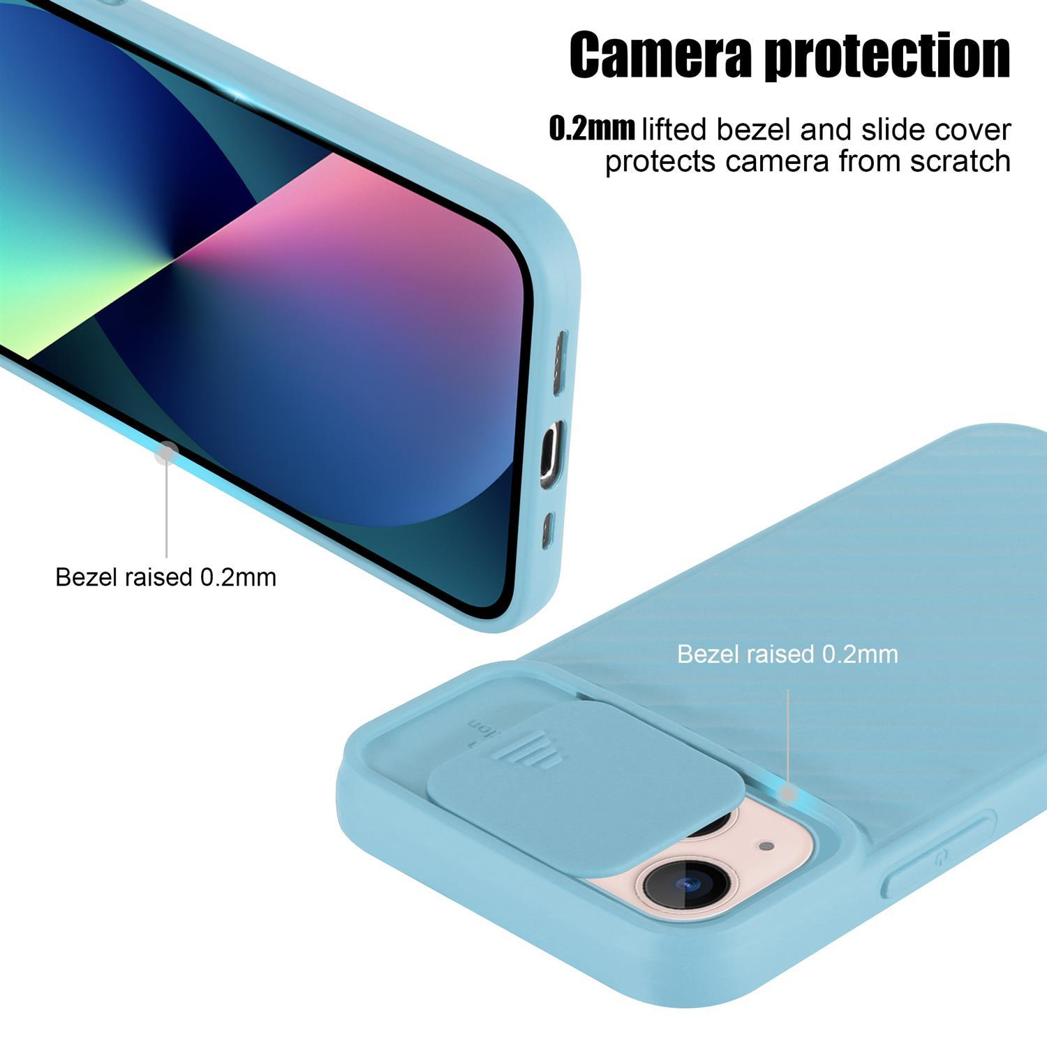 Funda de teléfono azul con tapa de cámara deslizante sobre un fondo blanco.