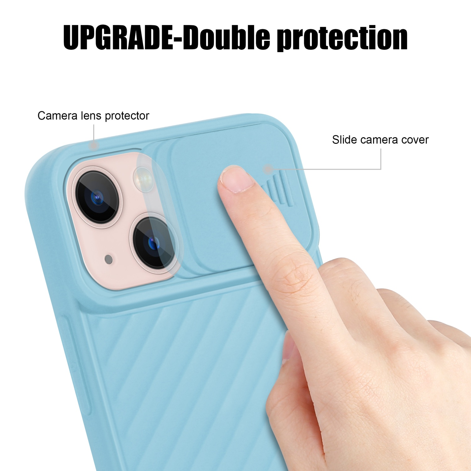 Una funda de teléfono azul claro con una cubierta de cámara deslizante. Una mano está deslizando la cubierta para abrirla.