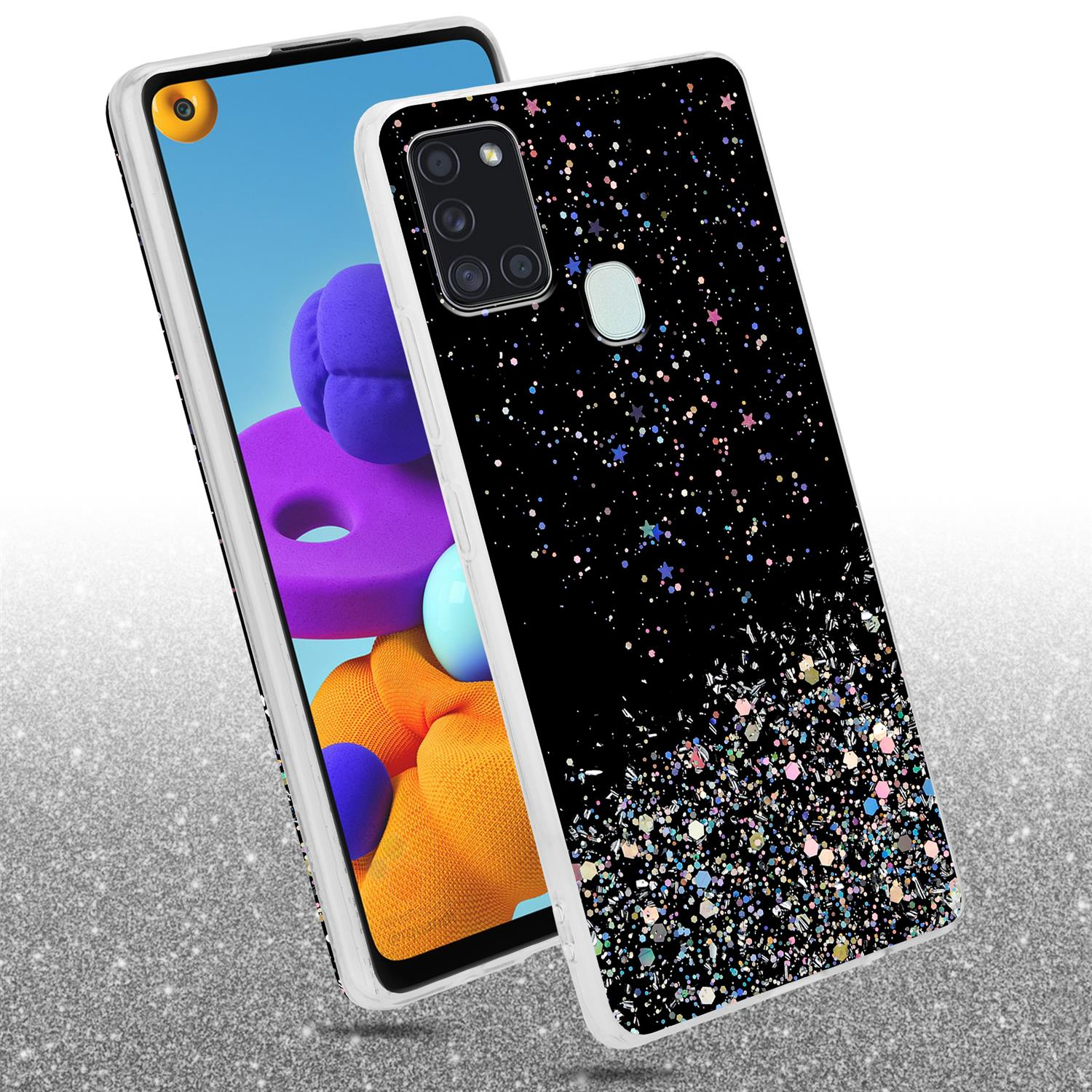 Una custodia per telefono con un design glitterato nero. Un telefono con schermo a colori è dietro.