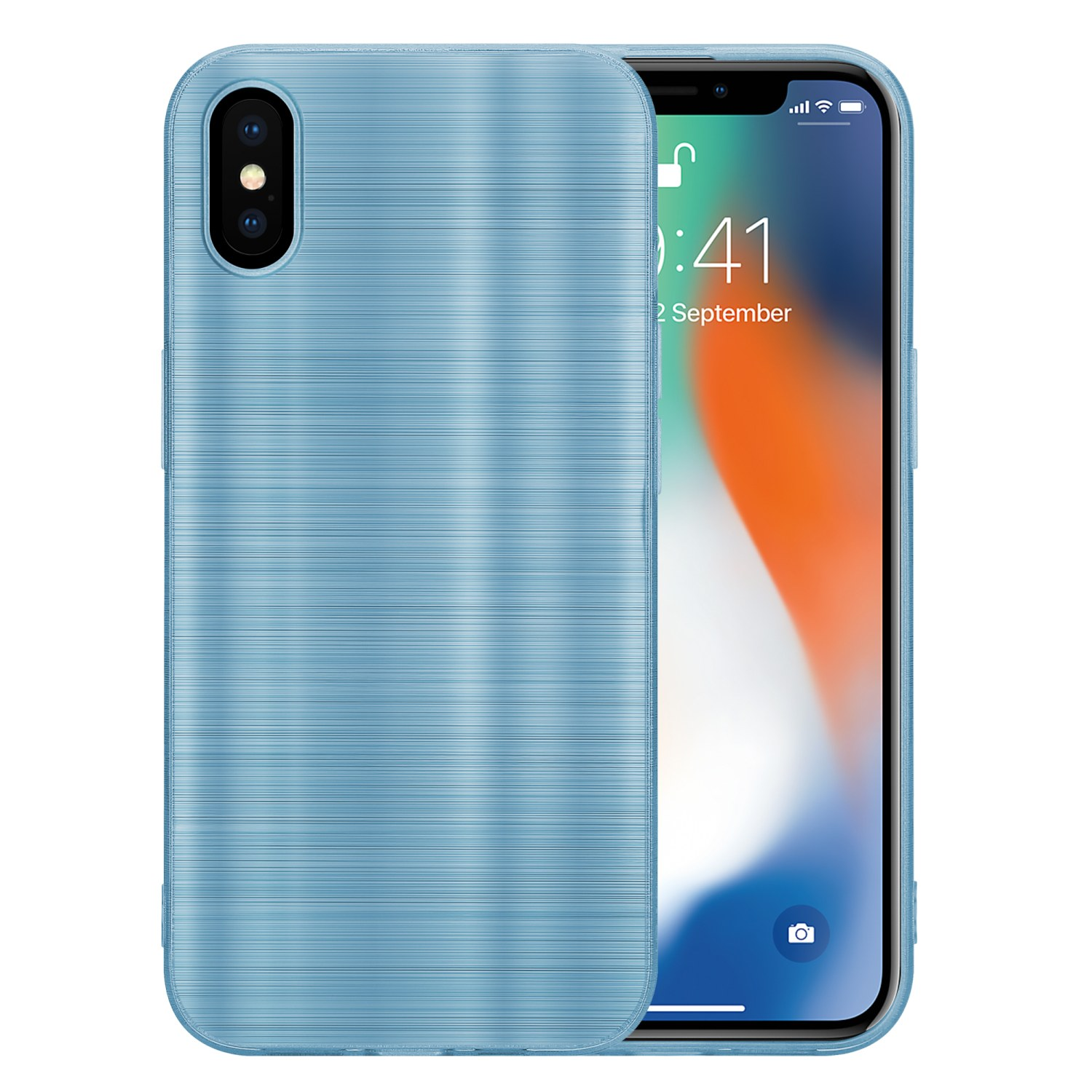 Blaue Handyhülle auf weißem Hintergrund mit iPhone X. Die Hülle hat eine strukturierte Oberfläche.
