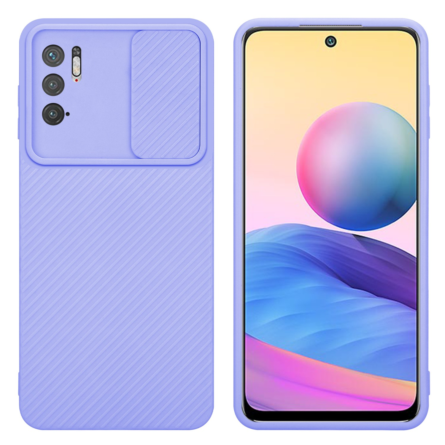 Lila Handyhülle mit Kameraabdeckung. Telefon ist in der Hülle und Bildschirm an.