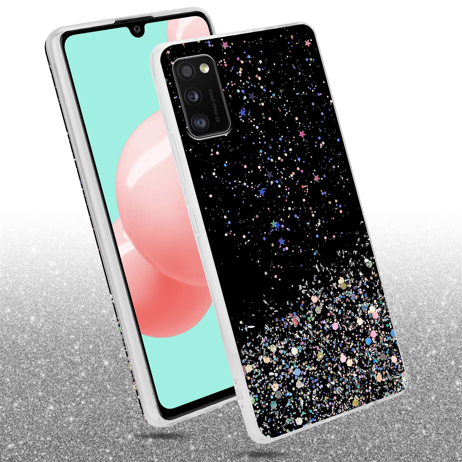 Zwei Telefone mit Hüllen. Eines ist schwarz mit Glitzer und Sternen, das andere ein Telefon mit klarer Hülle.