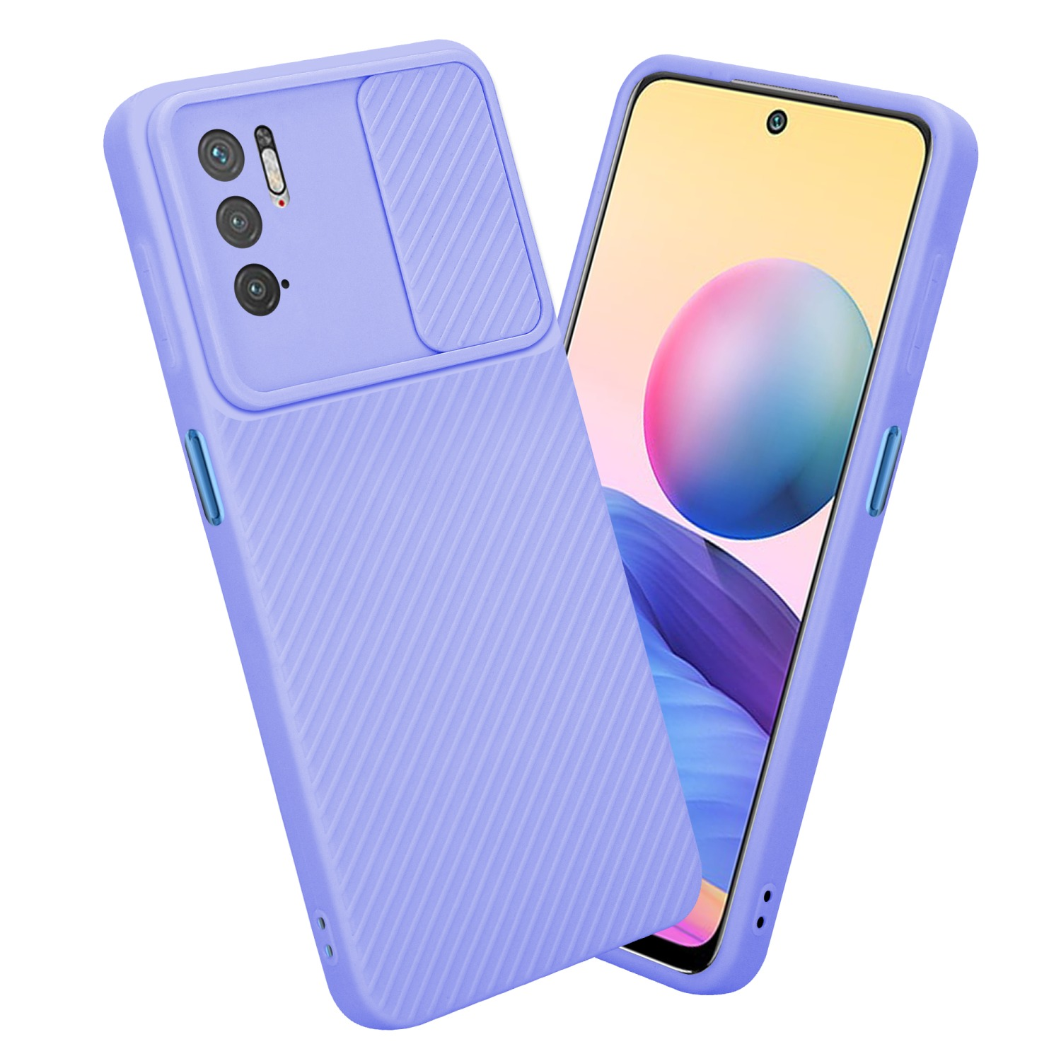 Lila Handyhülle mit Kameraabdeckung. Telefonbildschirm ist sichtbar. Blaue Akzente.