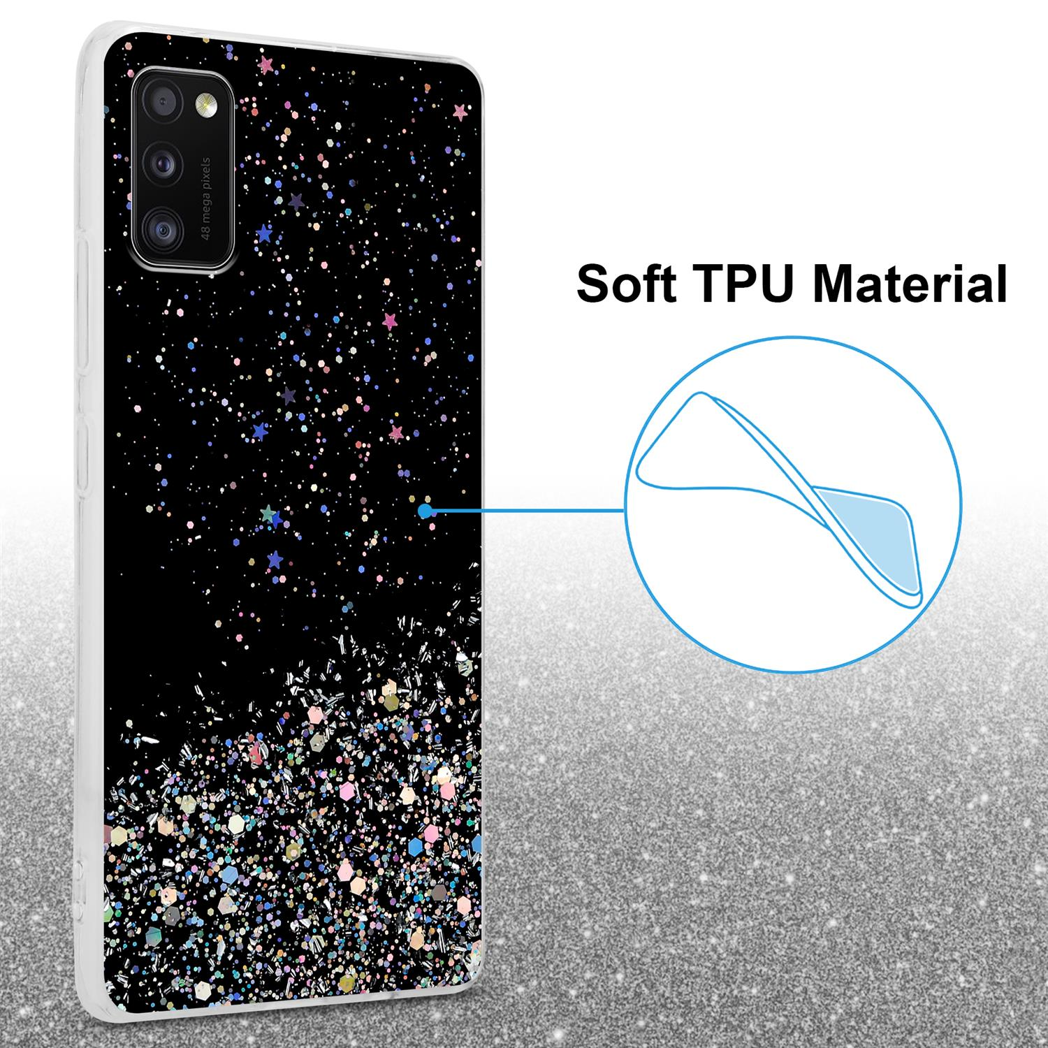 Schwarze Handyhülle mit Glitzerdesign. Aufschrift „Soft TPU Material“ mit blauem Kreis.