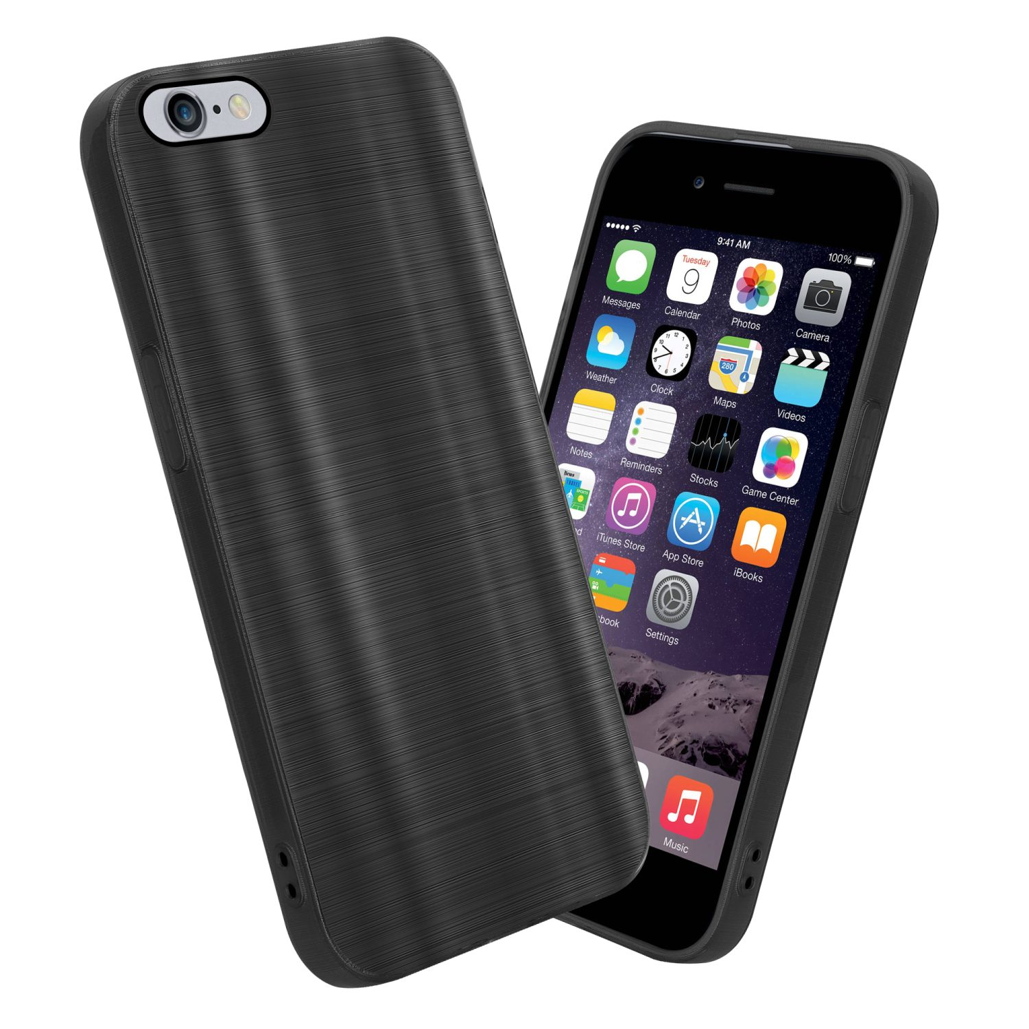 Eine schwarze Handyhülle neben einem Telefon. Das Telefon ist schwarz. Die Hülle hat Metallstruktur.