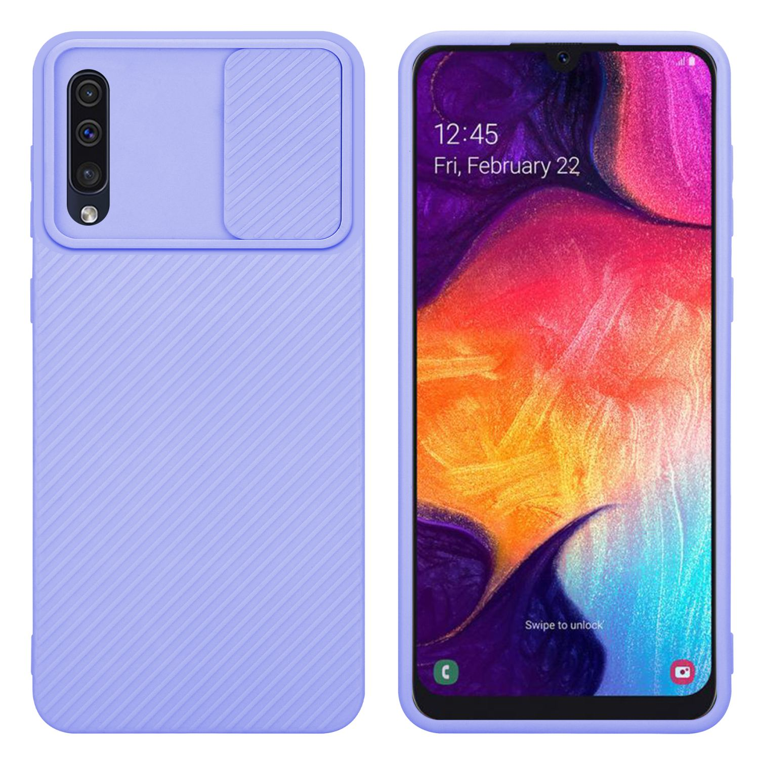 Eine lilafarbene Handyhülle mit Kameraabdeckung, neben einem Telefon, das den Bildschirm zeigt.