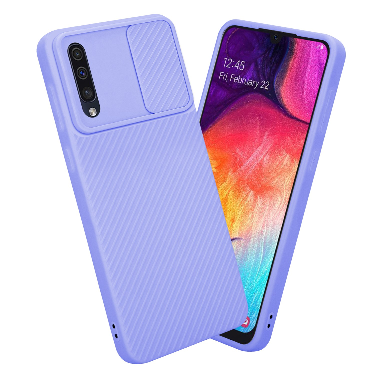 Lila Handyhülle mit Kameraabdeckung und ein Handy. Hülle mit Streifen und Handy auf Display.