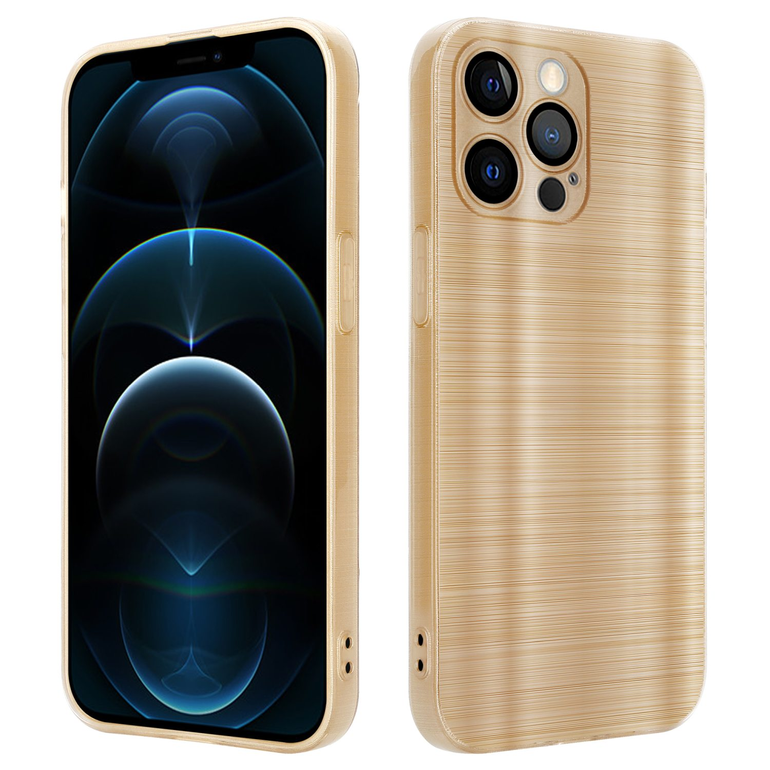 Goldene Handyhülle, vorne und hinten. Die Rückseite hat ein strukturiertes Design und Kameras. Die Vorderseite hat einen schwarzen Bildschirm.