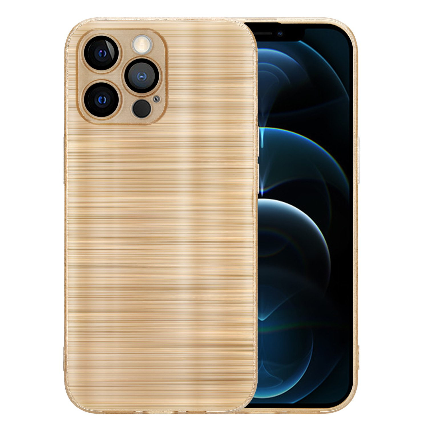Goldene Handyhülle mit strukturierter Oberfläche, zeigt Telefonkameras.