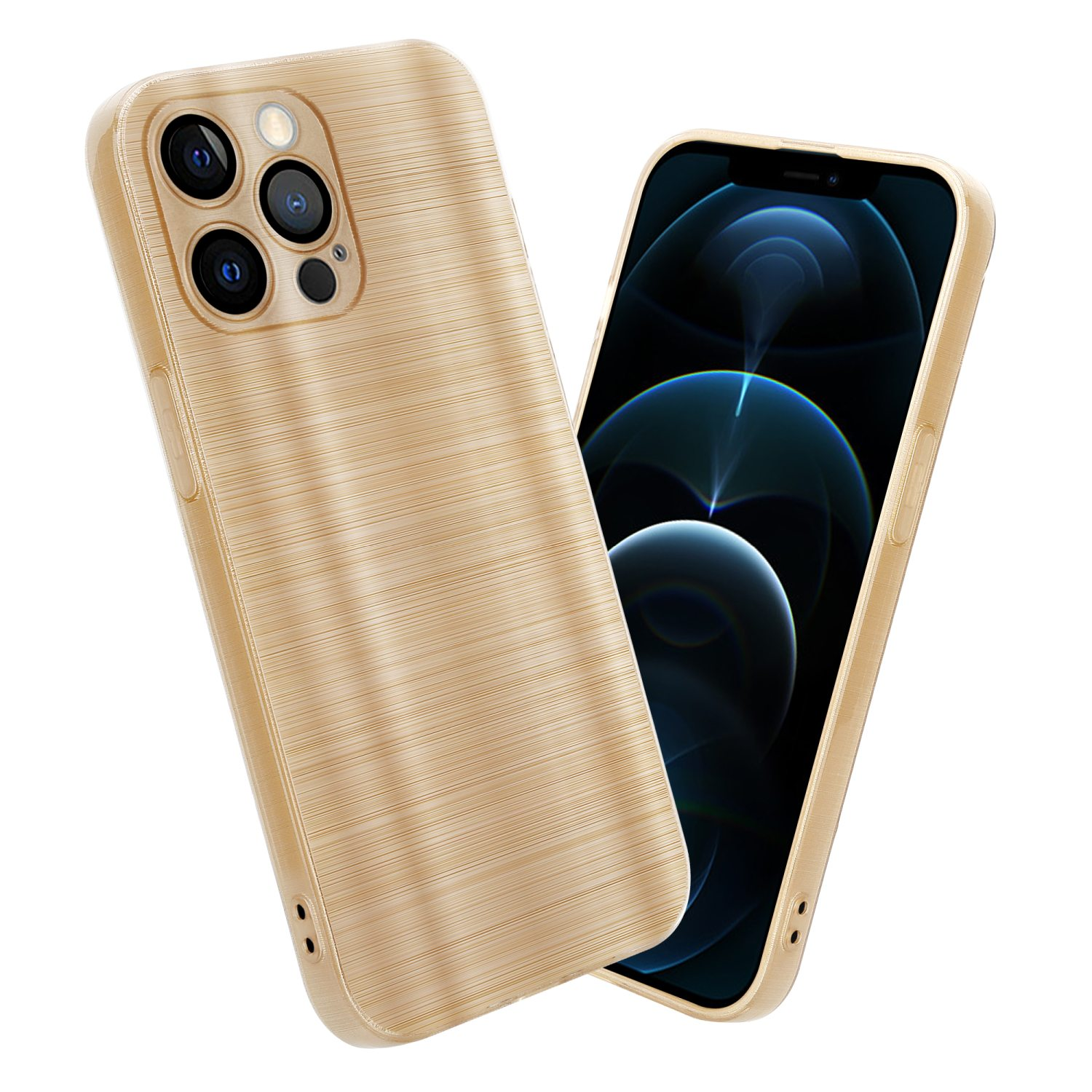 Goldene Handyhülle auf einem Telefon mit blauem Bildschirm. Die Handyhülle ist abgewinkelt.