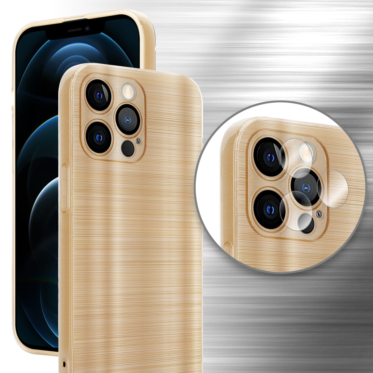 Handyhülle mit goldfarbenem gebürstetem Metalldesign. Telefon ist sichtbar. Weißer Hintergrund.