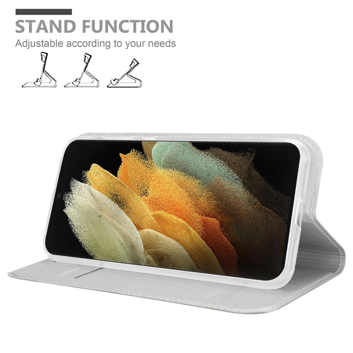 Eine weiße Handyhülle mit Telefon, zu einem Ständer gefaltet. Text: STANDFUNKTION.