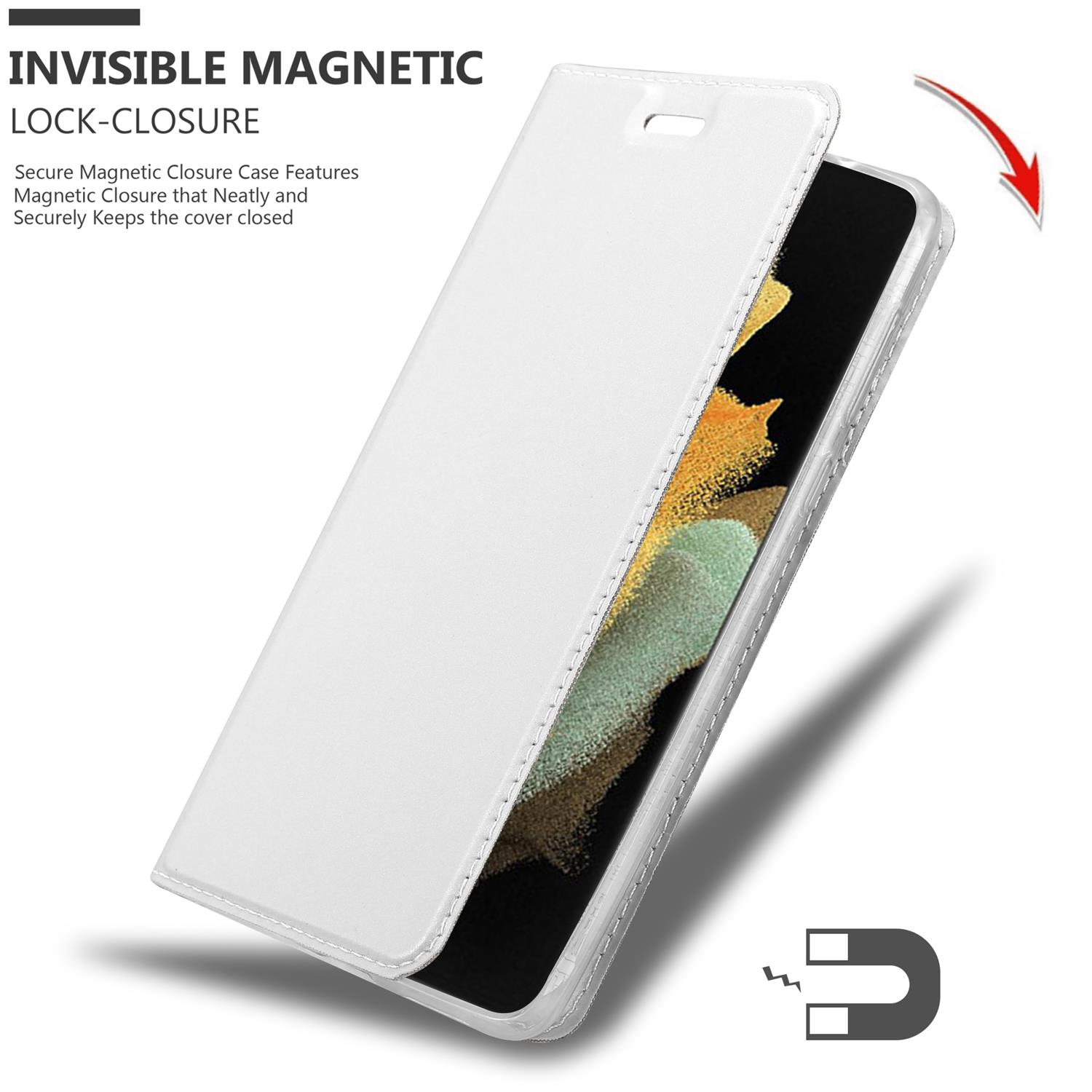 Weiße Handyhülle, offen, zeigt einen Telefonbildschirm. Magnet-Symbol und Pfeil zur Hülle.