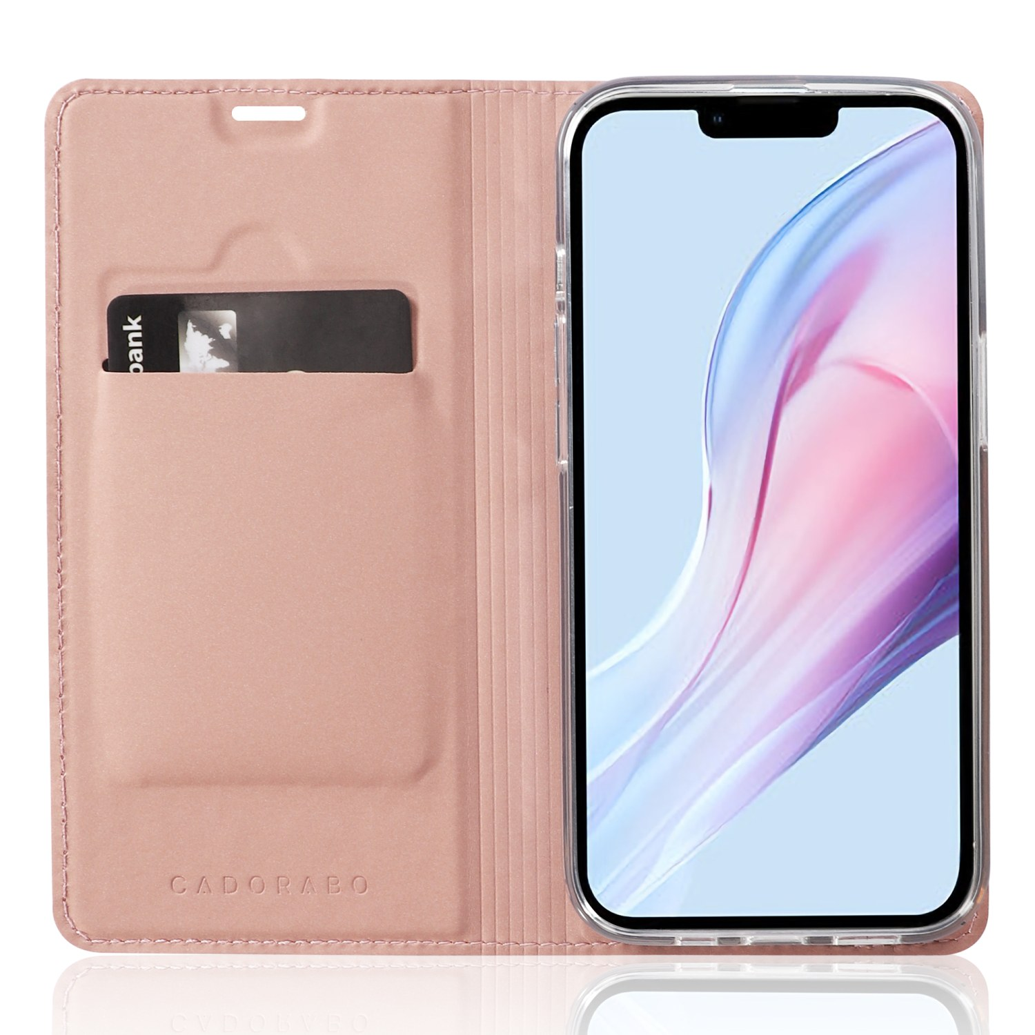 Custodia rosa per telefono con telefono dentro, una carta nello slot.